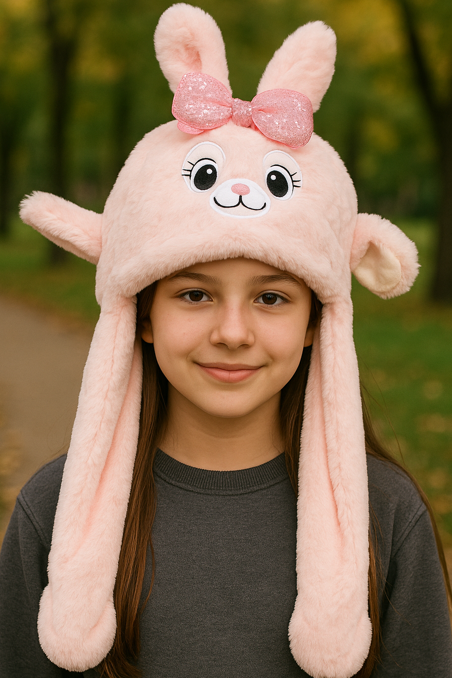 Pembe Renk Tavşan Figürlü Kulakları Oynayan Peluş Şapka