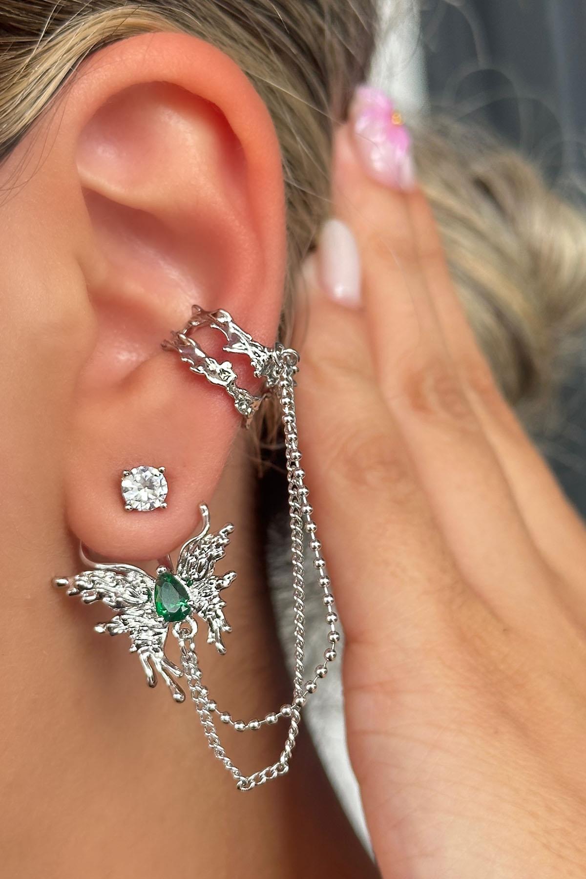 Gümüş Renk Kelebek Figürlü Taş Detaylı İkili Ear Cuff Küpe Set