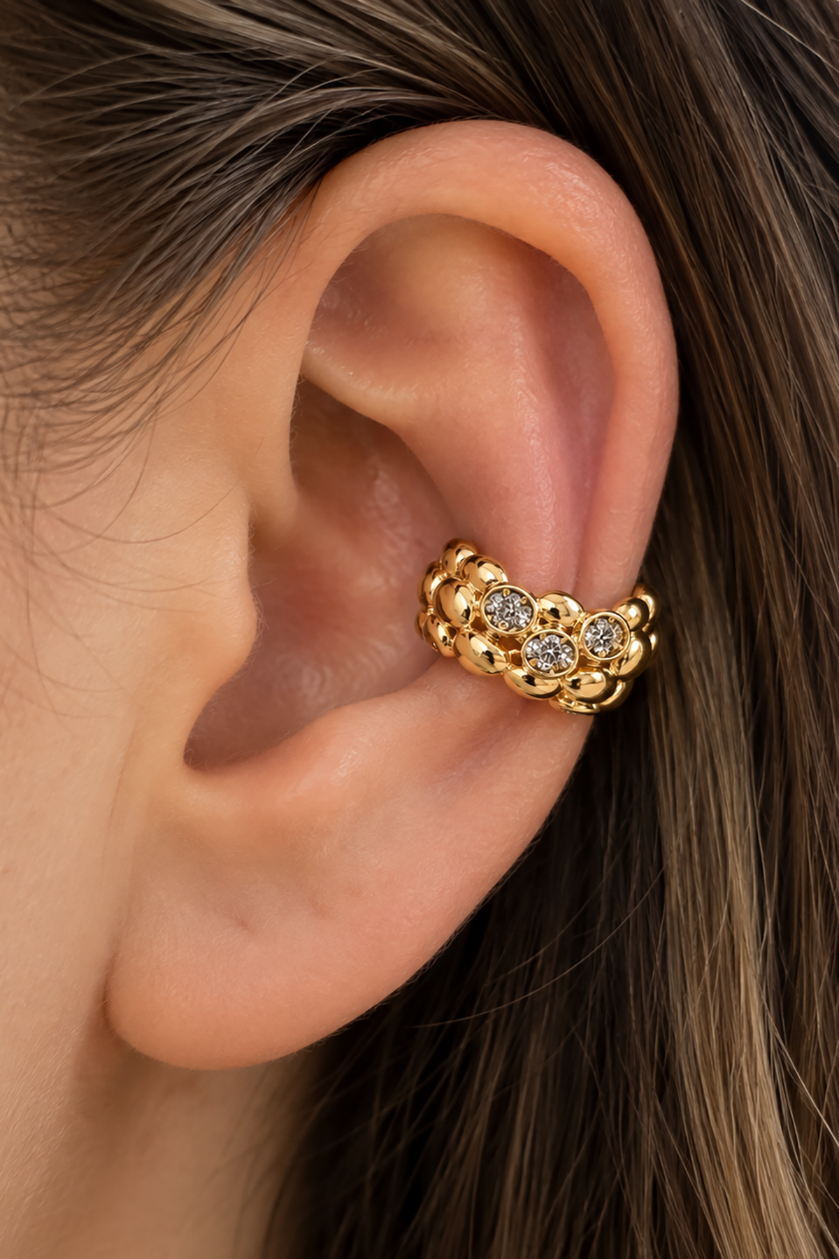 Altın Renk Taş Detaylı TX Ear Cuff (Tek)