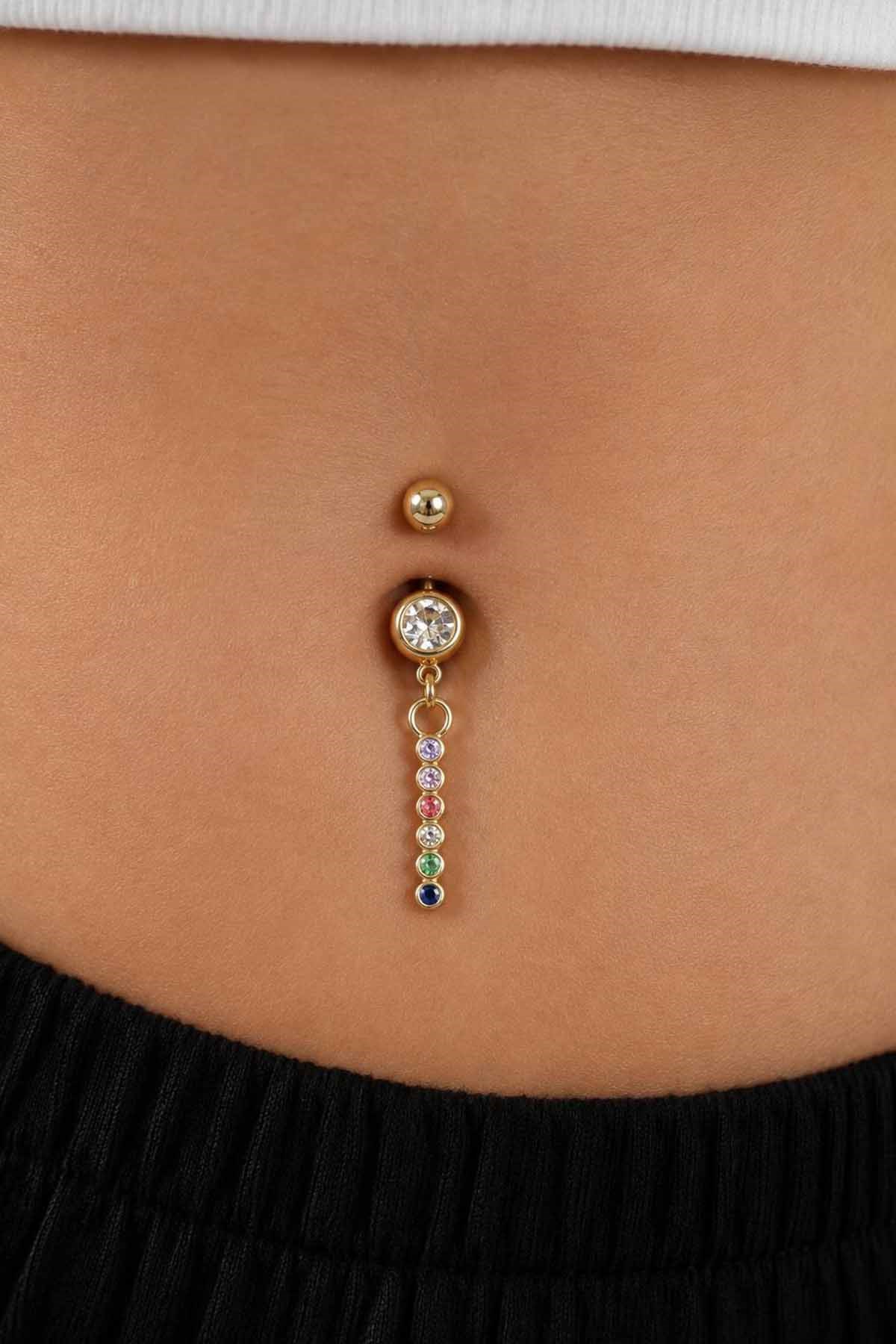 Altın Renk Taşlı Sallantılı Cerrahi Çelik Göbek Piercing