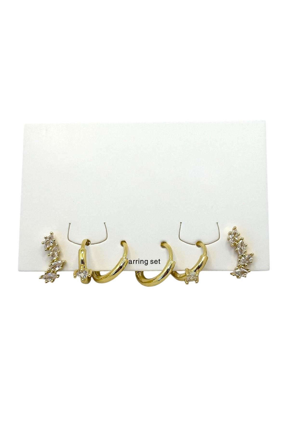 Altın Renk Taş Detaylı 6'lı Küpe Set