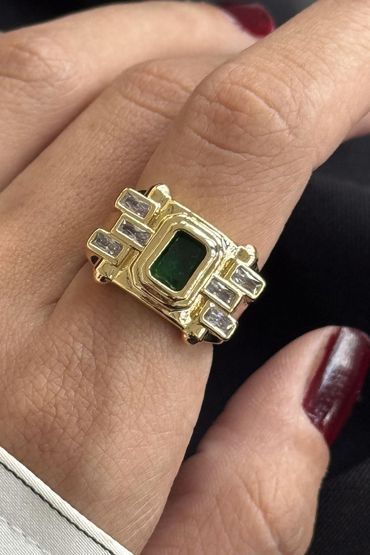 Altın Renk Taş Detaylı Ayarlanabilir Yüzük