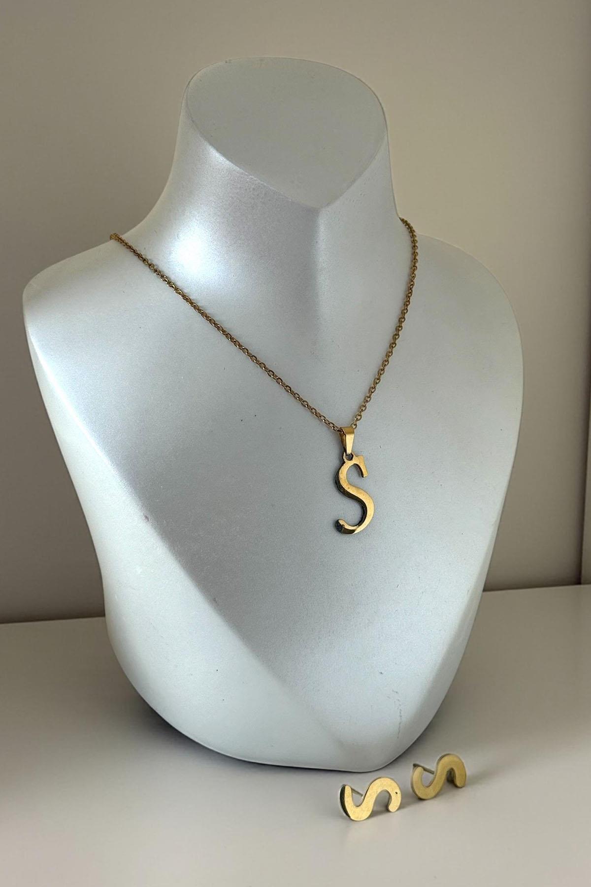 Altın Renk S Harfli Çelik Kolye Set