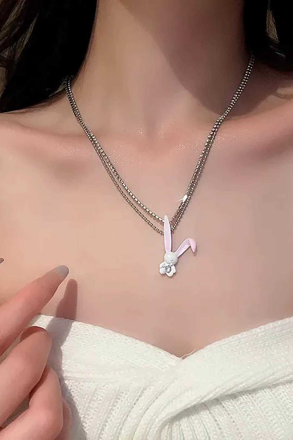 Gümüş Renk Tavşan Figürlü Taş Detaylı 14K Altın Kaplama TX Kolye