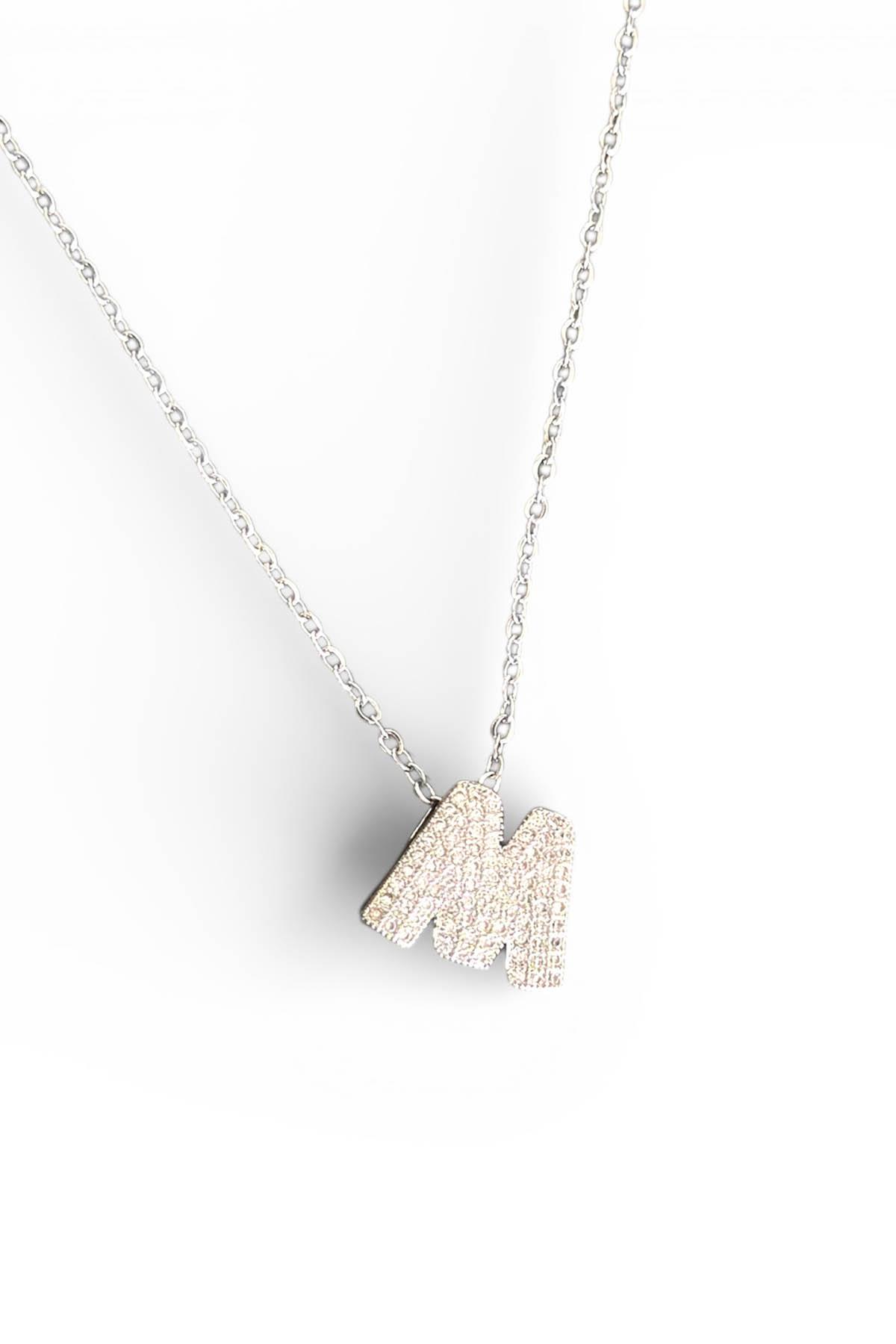 Gümüş Renk Taş Detaylı M Harfli Çelik Kolye