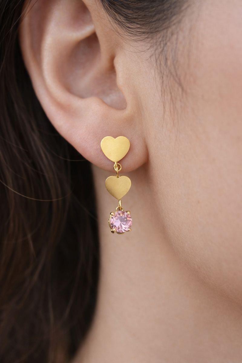 Altın Renk Pembe Taş Detaylı Çelik Küpe (Çift)