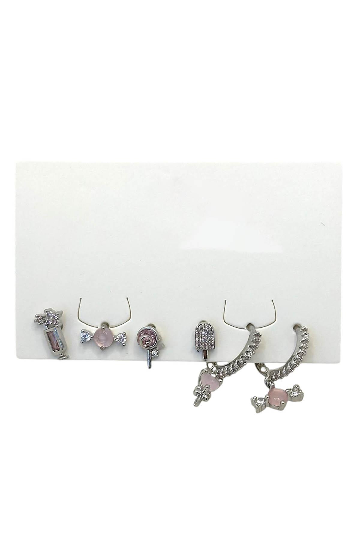 Gümüş Renk Karışık Figürlü Taş Detaylı 6'lı Küpe Set