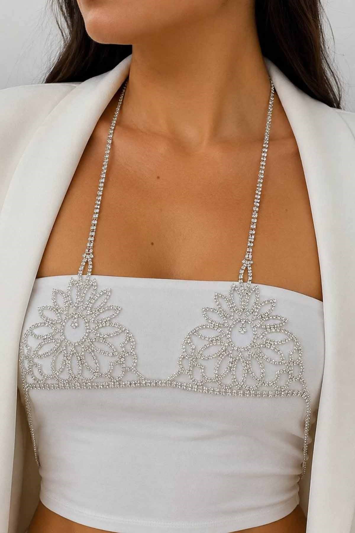 Gümüş Renk Taş Detaylı Bikini Üstü /Bralet /Vücut Aksesuarı