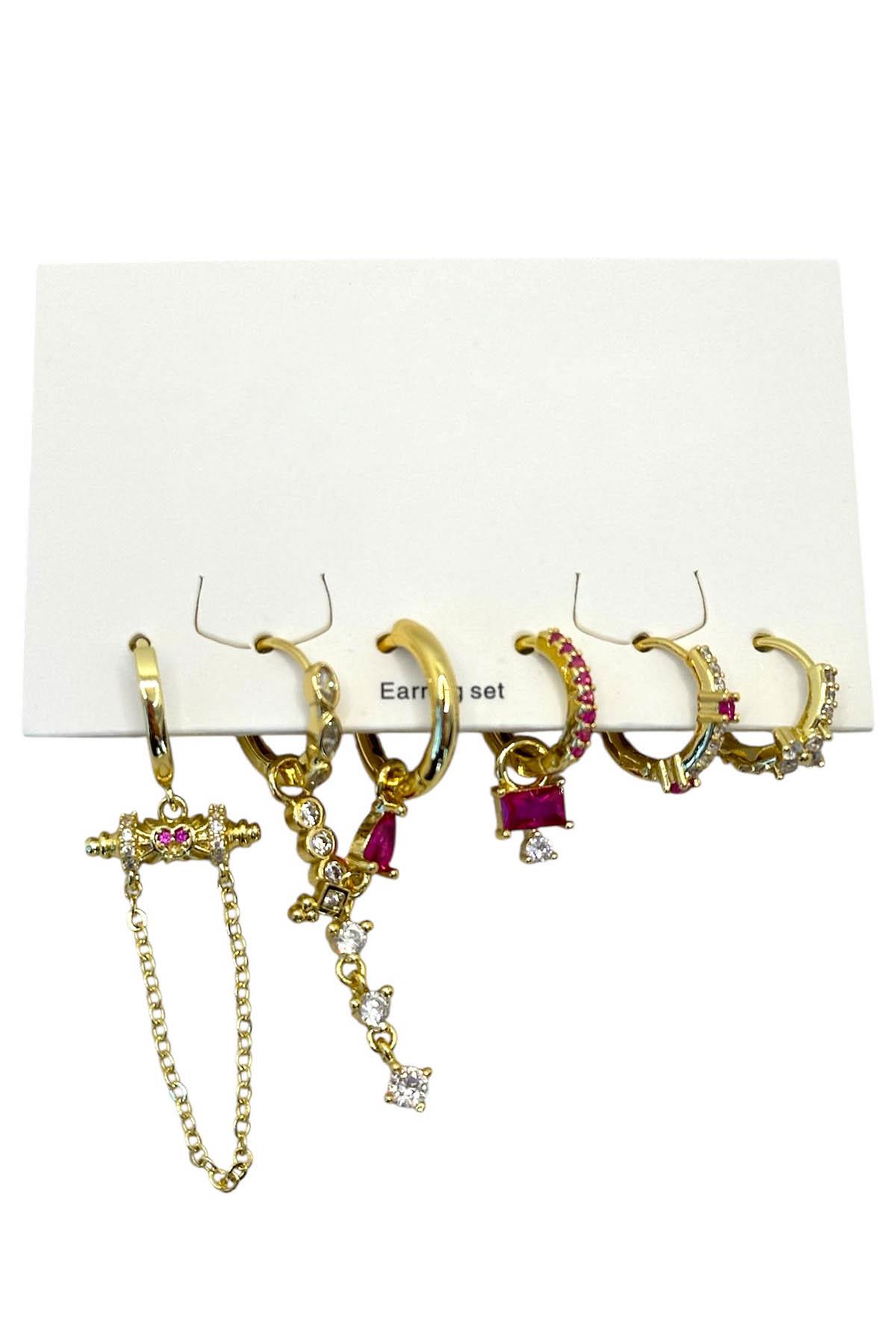 Altın Renk Taş Detaylı 6'lı Küpe Set