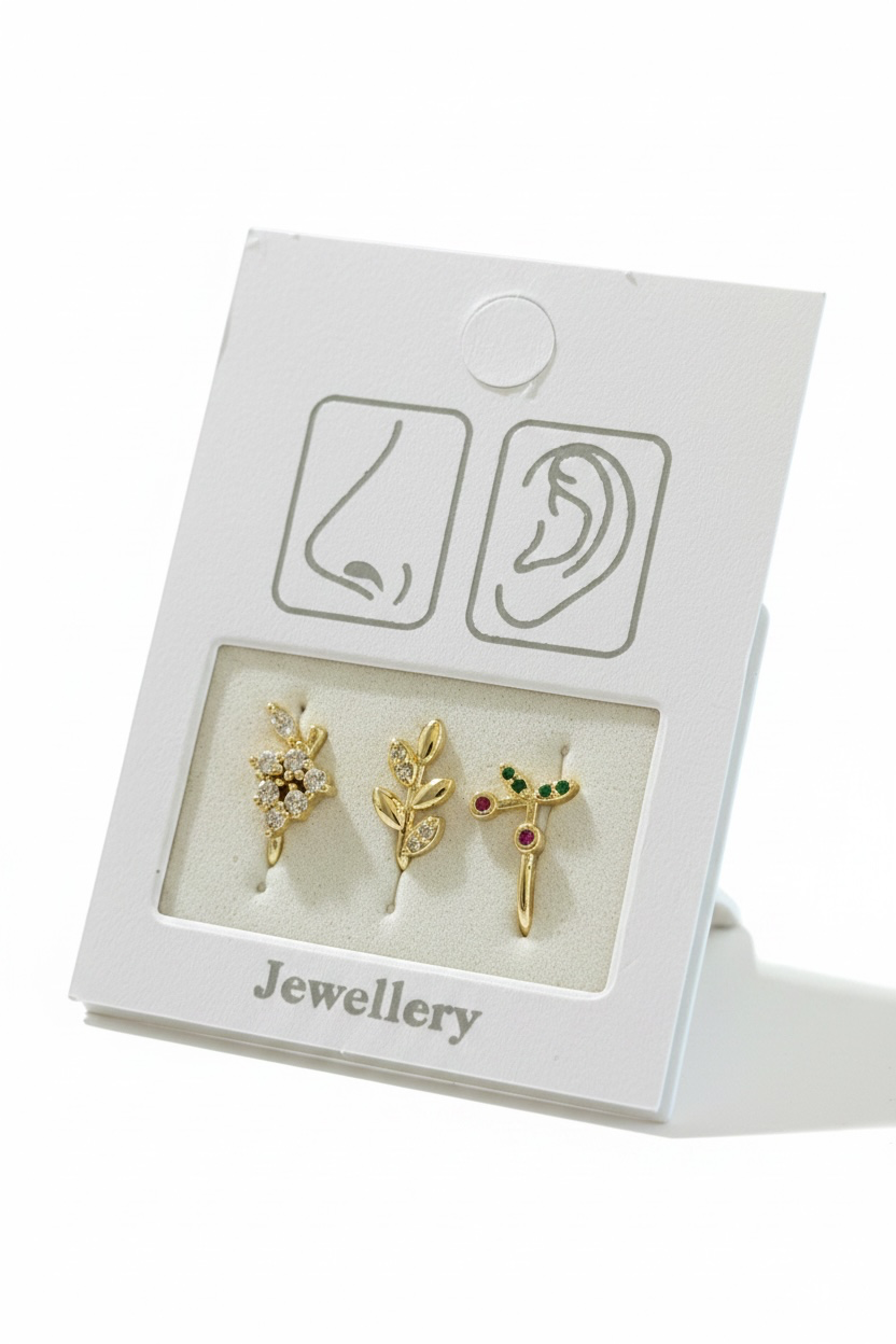 Altın Renk Karışık Figürlü Deliksiz Kulak/Burun 3'lü Piercing Set