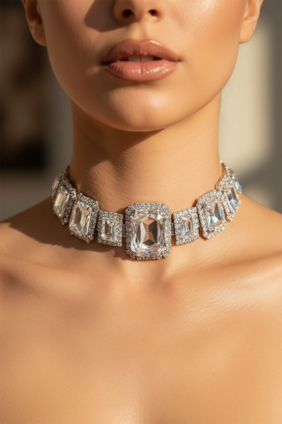 Gümüş Renk Taş Detaylı Tasarım Abiye Kolye