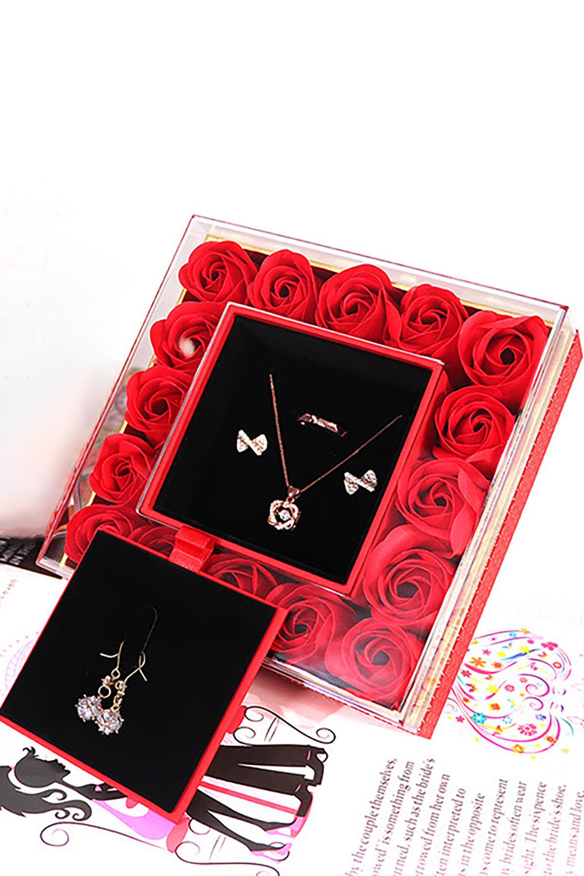 Kırmızı Renk Gül Detaylı Yüzük/Kolye/Küpe Kutusu