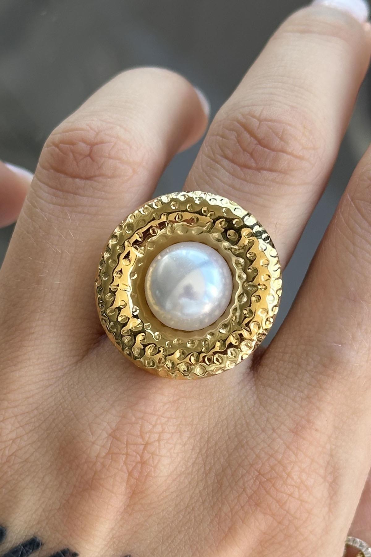 Altın Renk İnci Detaylı Ayarlanabilir Çelik Yüzük