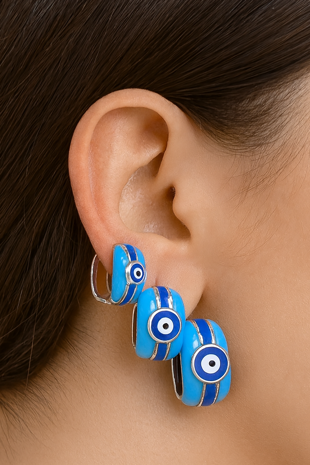 Gümüş Ve Mavi Renk Nazar Boncuk Figürlü 3'lü YSX Küpe Set