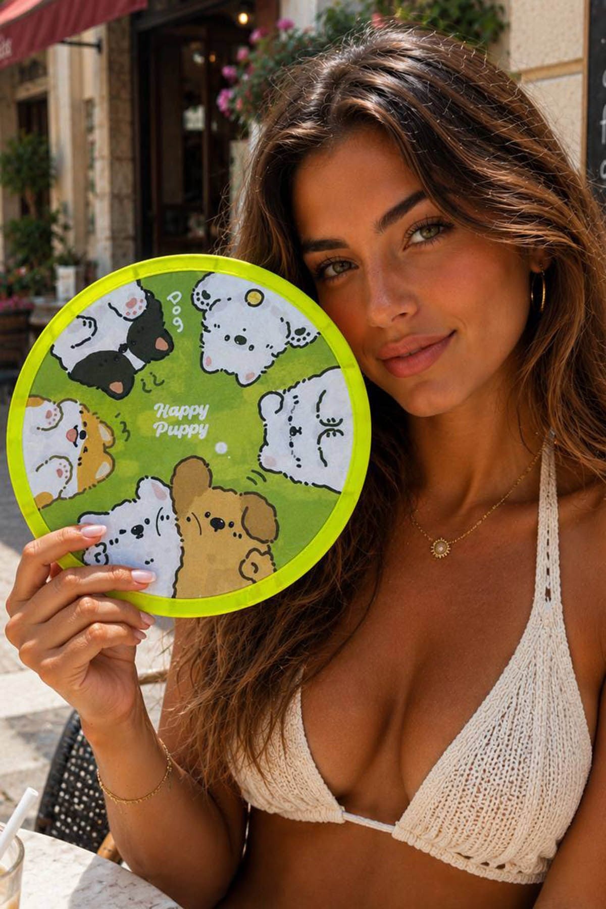 Köpek Desenli Katlanabilir Yelpaze 