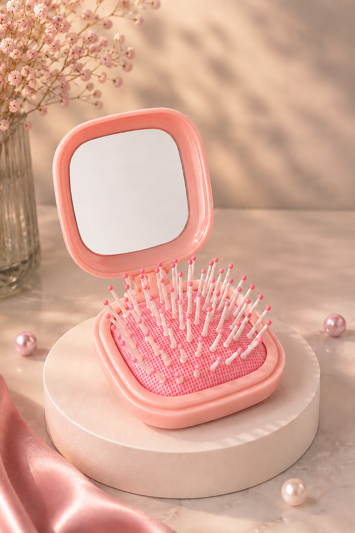 Pembe Renk Kiraz Desenli Aynalı  Saç Tarama Fırçası/Tarak