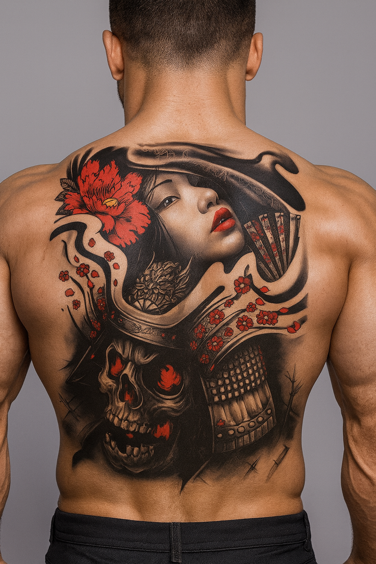 Geçici Kadın ve Kurukafa Modelli Sırt Dövme Tattoo