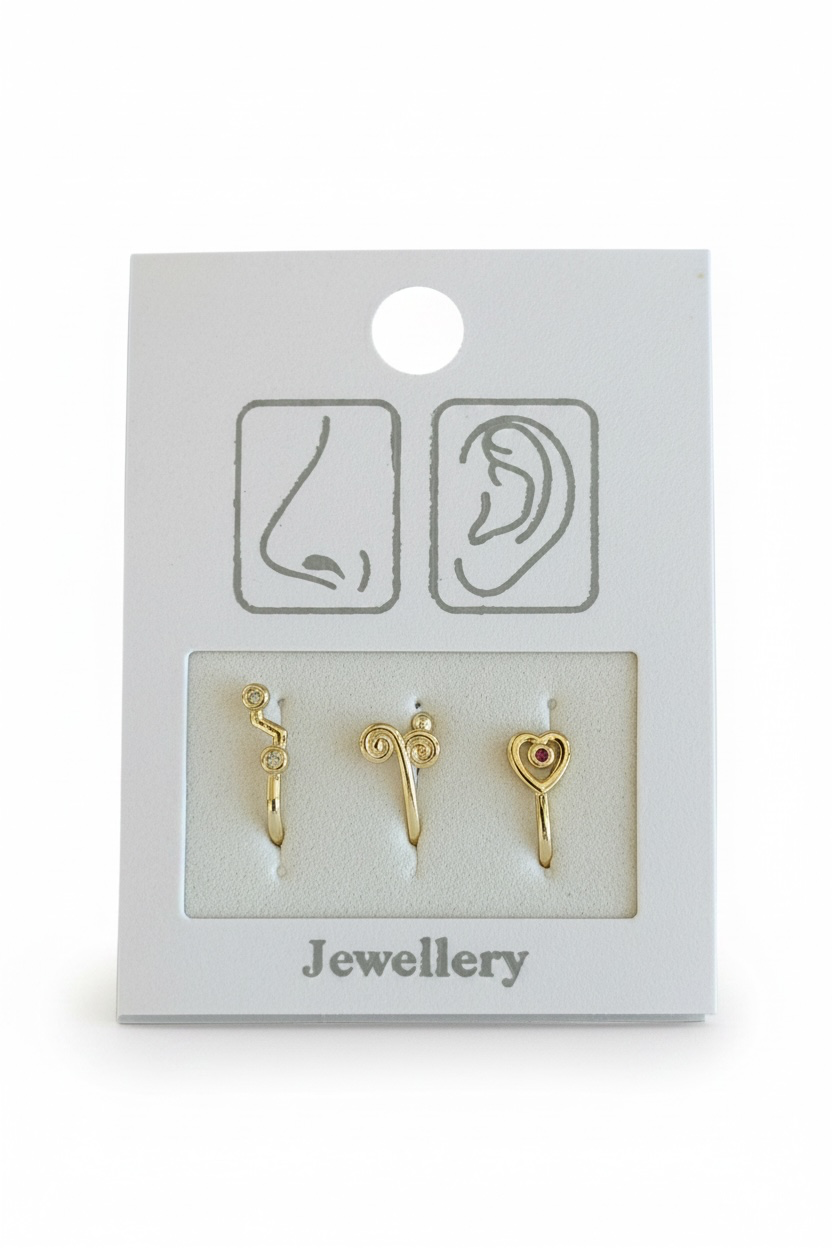 Altın Renk Karışık Figürlü Deliksiz Kulak/Burun 3'lü Piercing Set