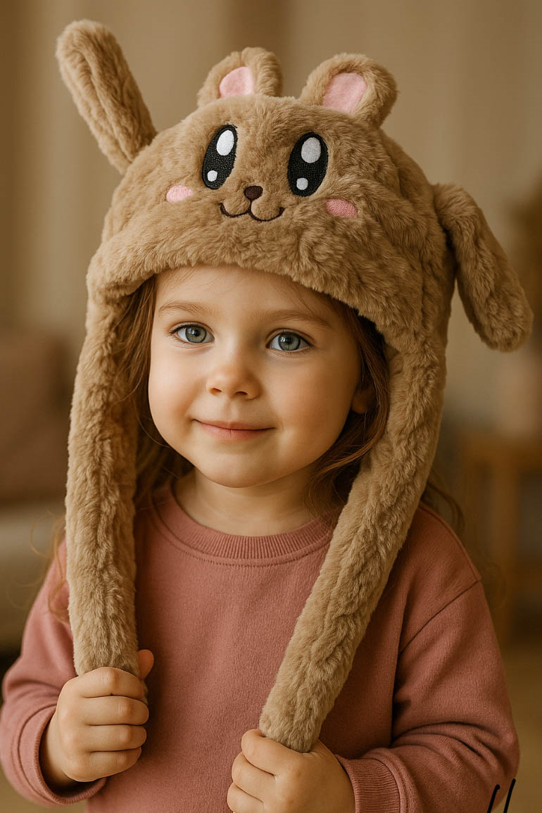 Kahverengi Tavşan Figürlü Kulakları Oynayan Peluş Şapka