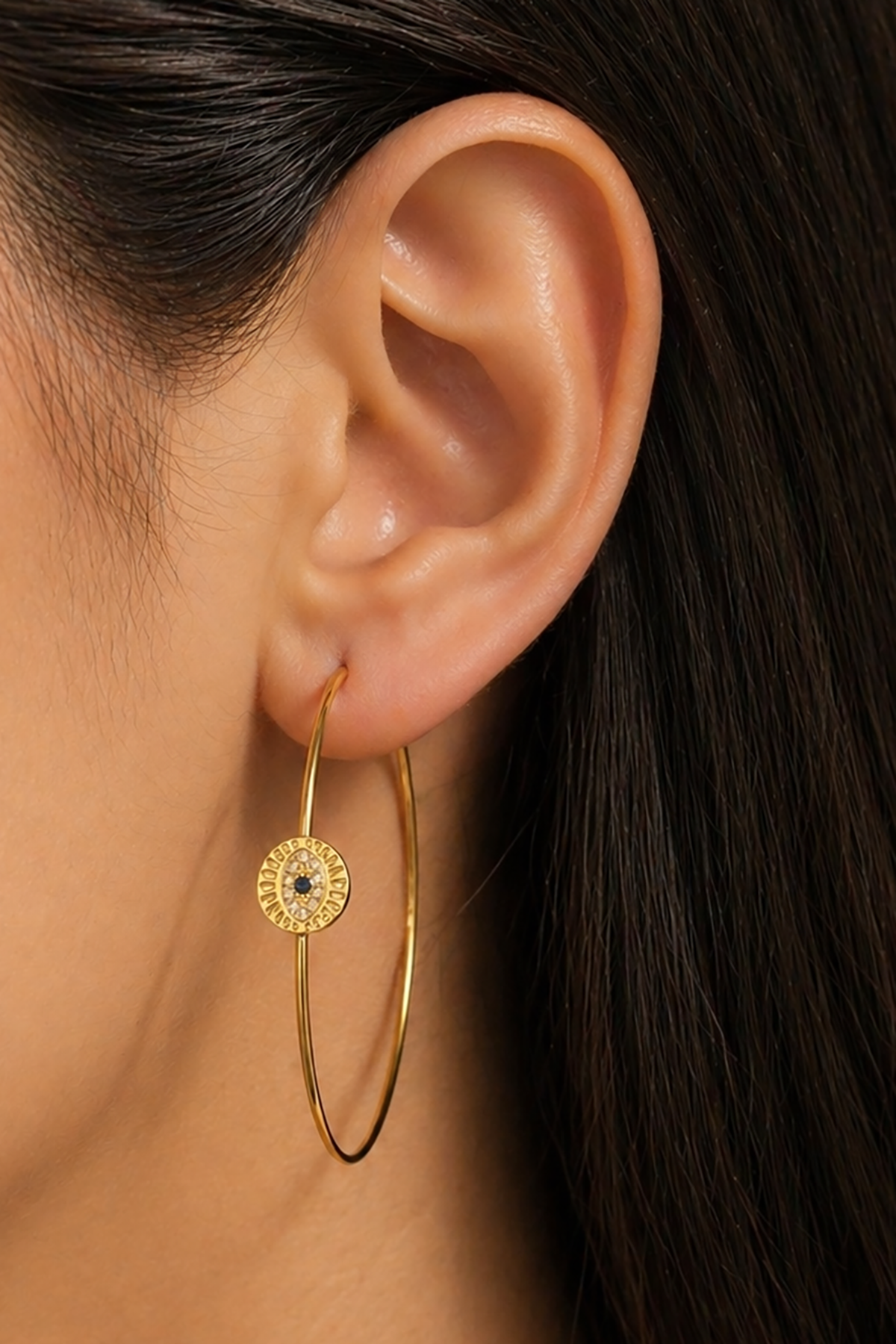 Altın Renk Göz Figürlü Taş Detaylı 14K Altın Kaplama Halka Küpe (Çift)