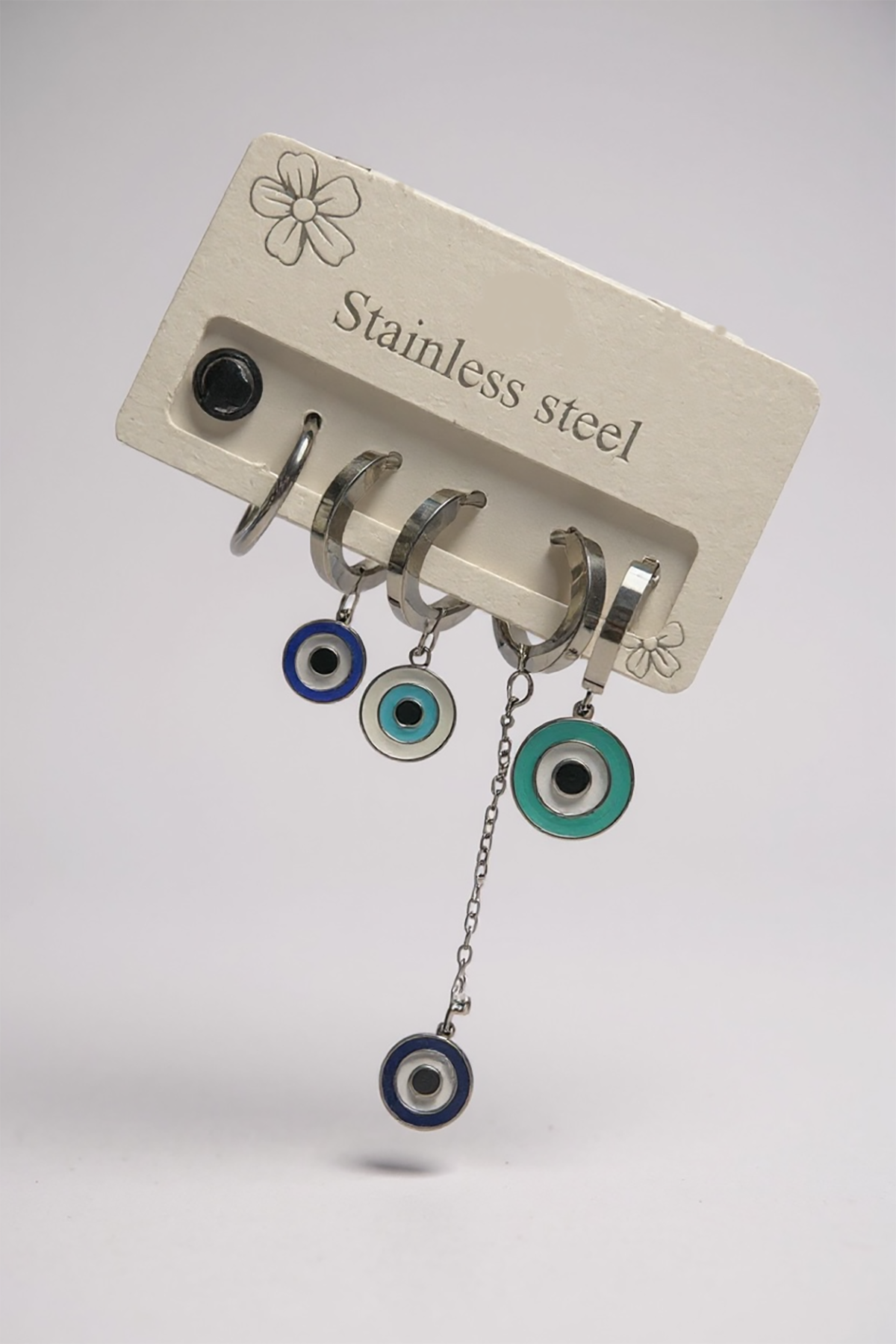 6'lı Gümüş Renk Nazar Boncuk Figürlü Çelik Halka Küpe Set