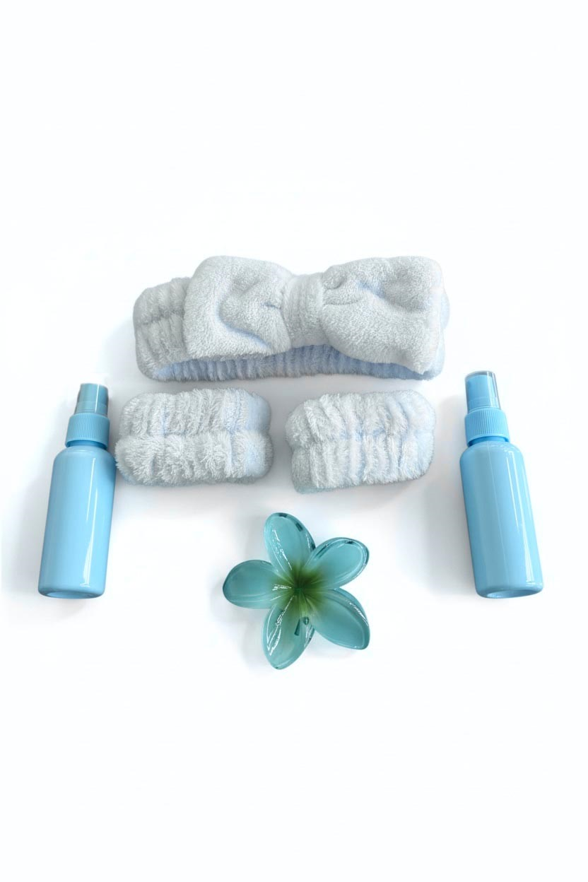Mavi Renk Peluş Saç Bandı-El Havlu-Mandal Toka Ve 2 Adet Sprey Şişe Set