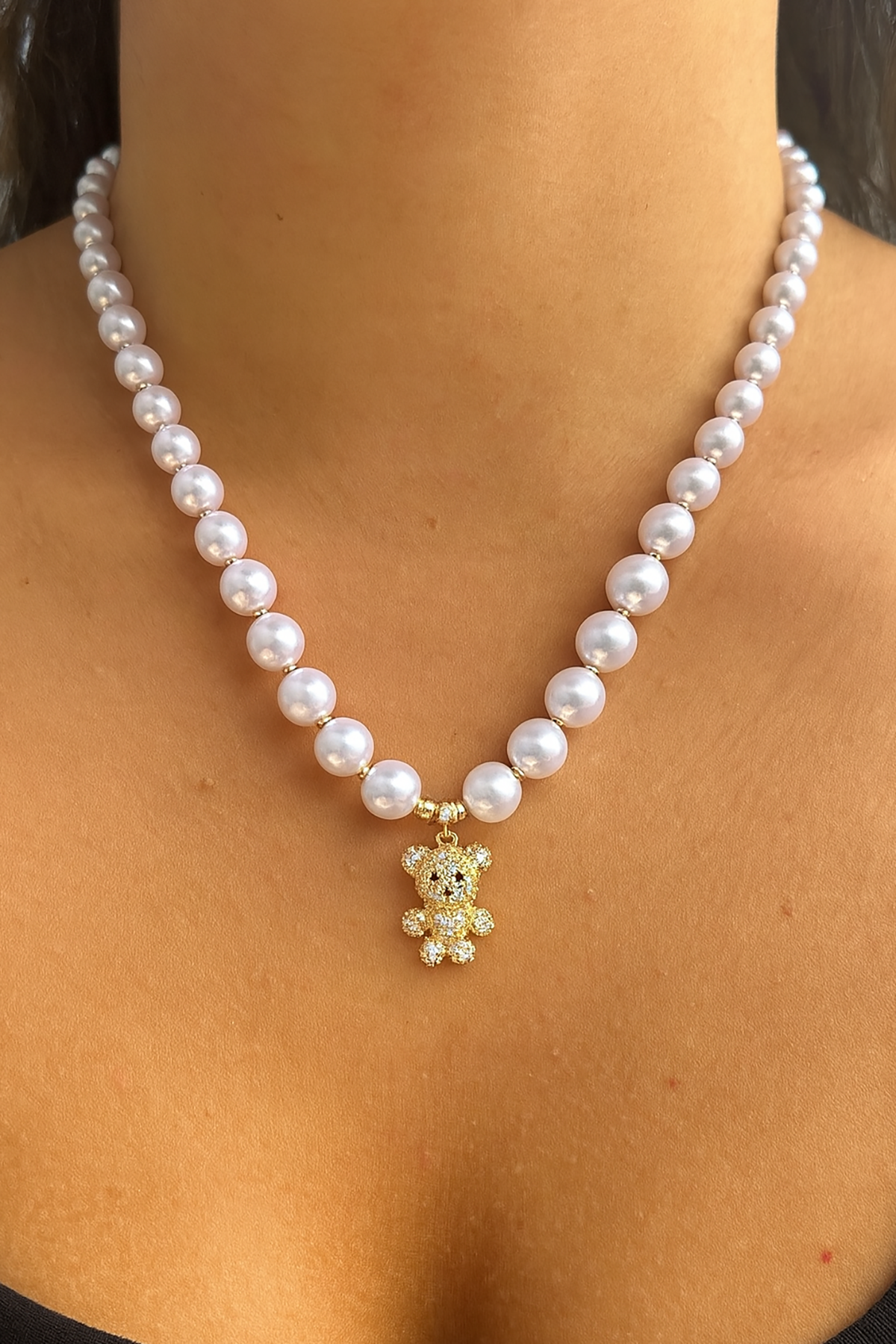 Altın Renk Ayıcık Figürlü Çelik İnci Kolye