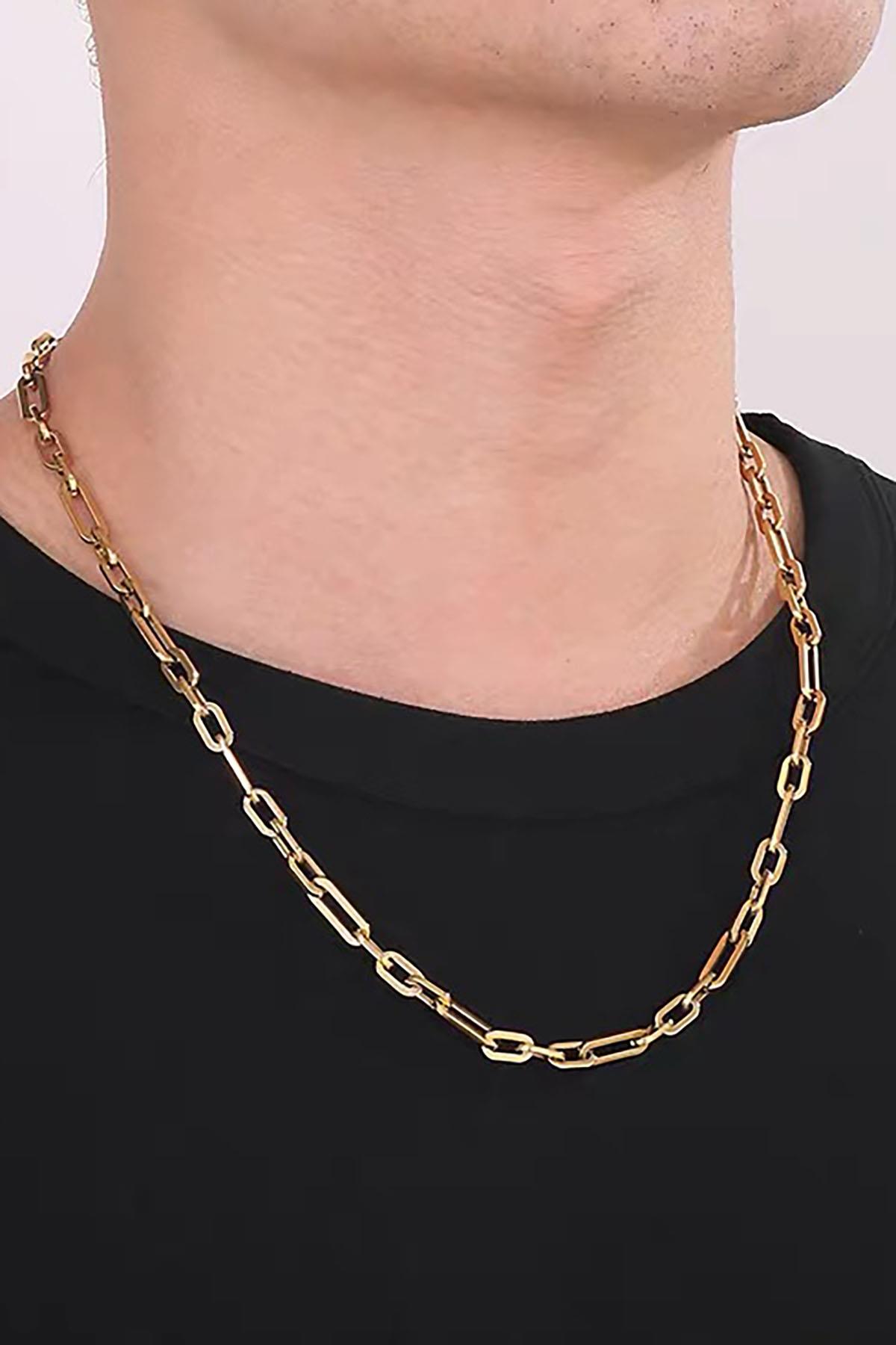 Altın Renk Zincir Detaylı Unisex Çelik Kolye