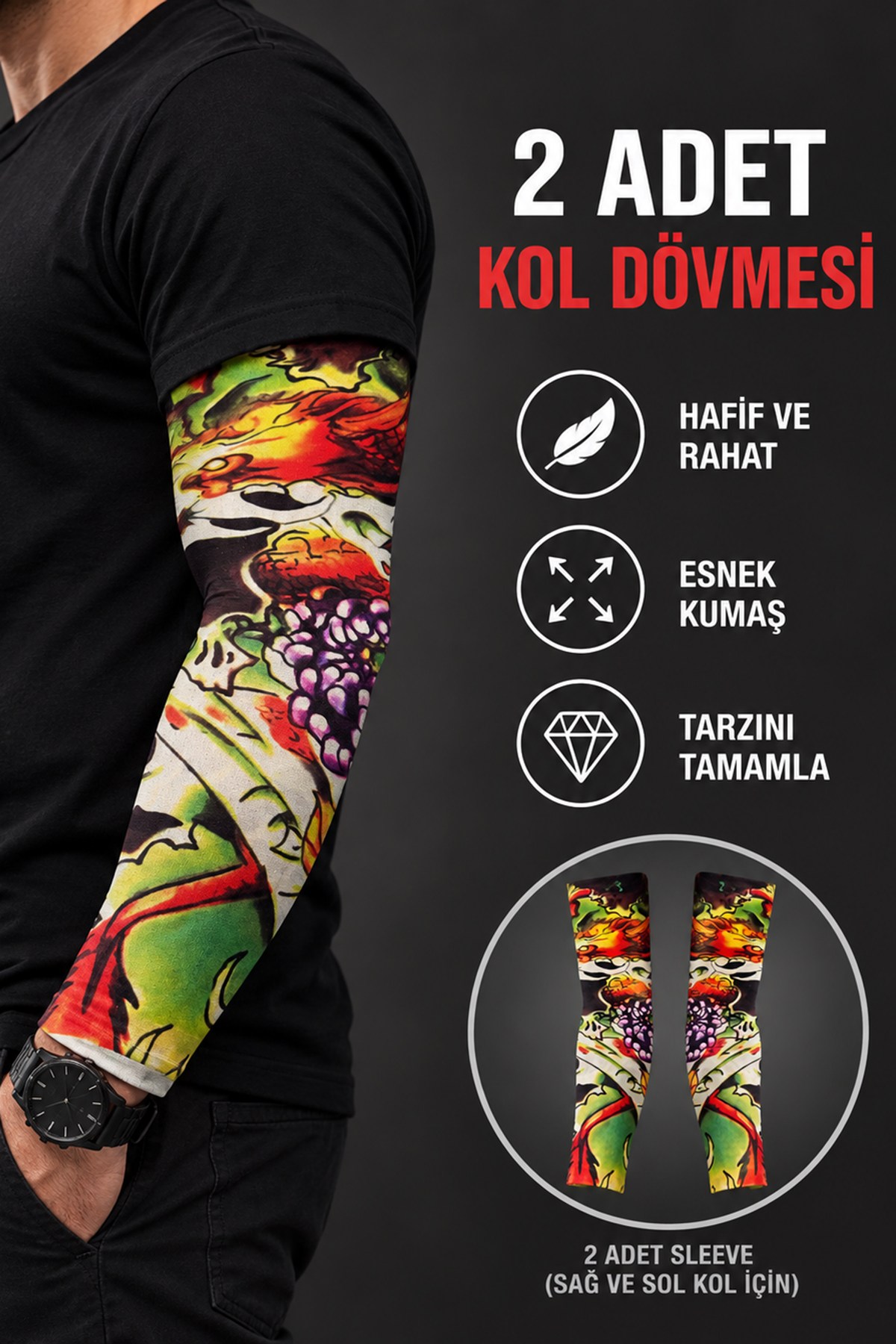 Karışık Renk Ve Desenli Giyilebilir Dövme Sleve (Çift)