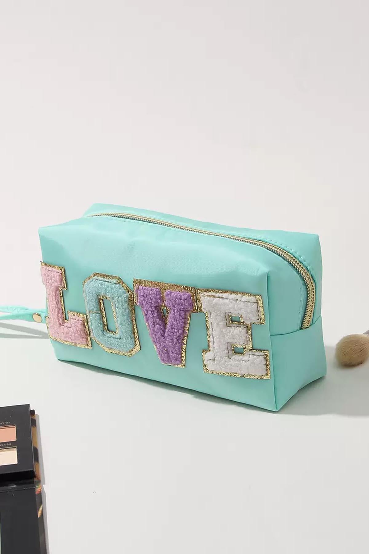 Su Yeşil Renk Love Detaylı Makyaj Çantası