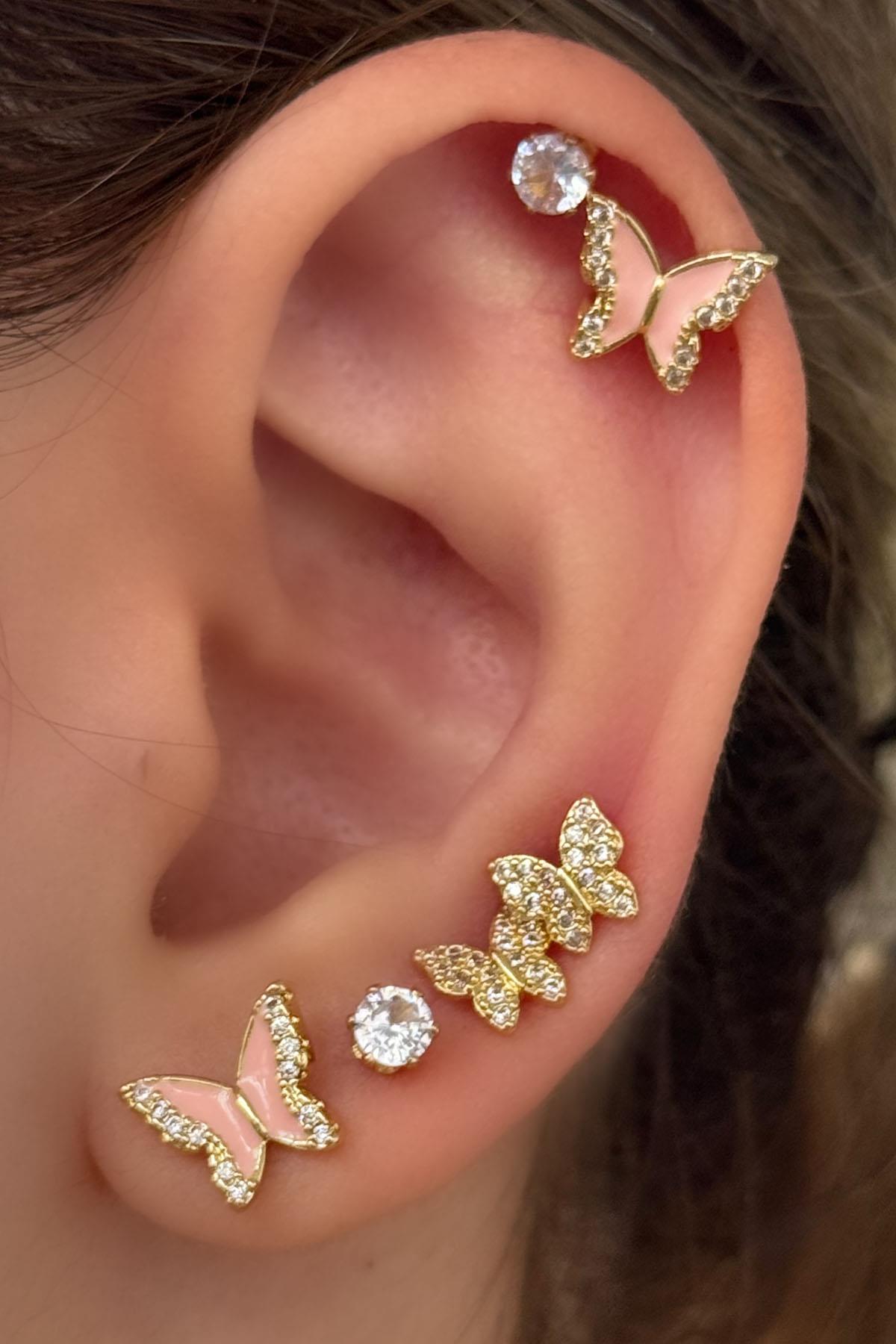 Altın Renk Kelebek Figürlü Taş Detaylı 6'lı Küpe Set