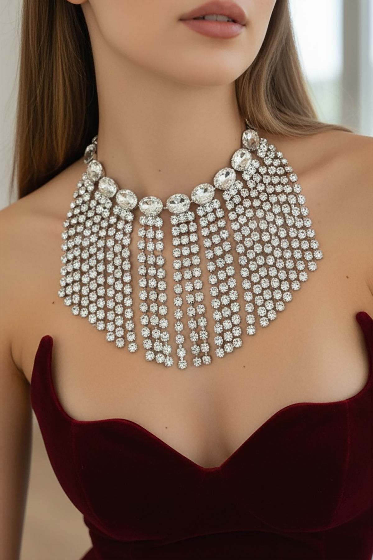 Gümüş Renk Taş Detaylı Tasarım Abiye Kolye