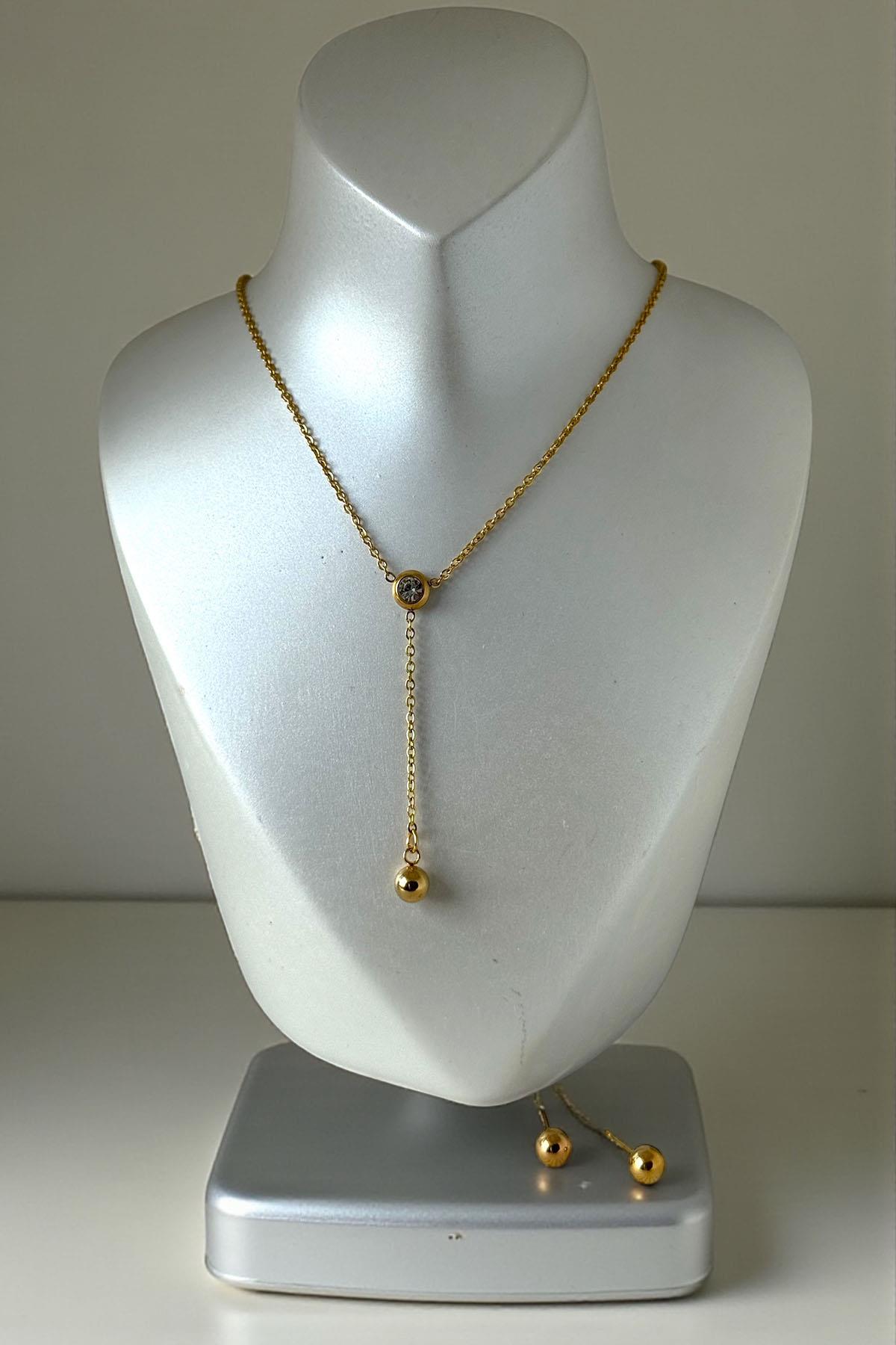 Altın Renk Taş Detaylı Çelik Kolye Set