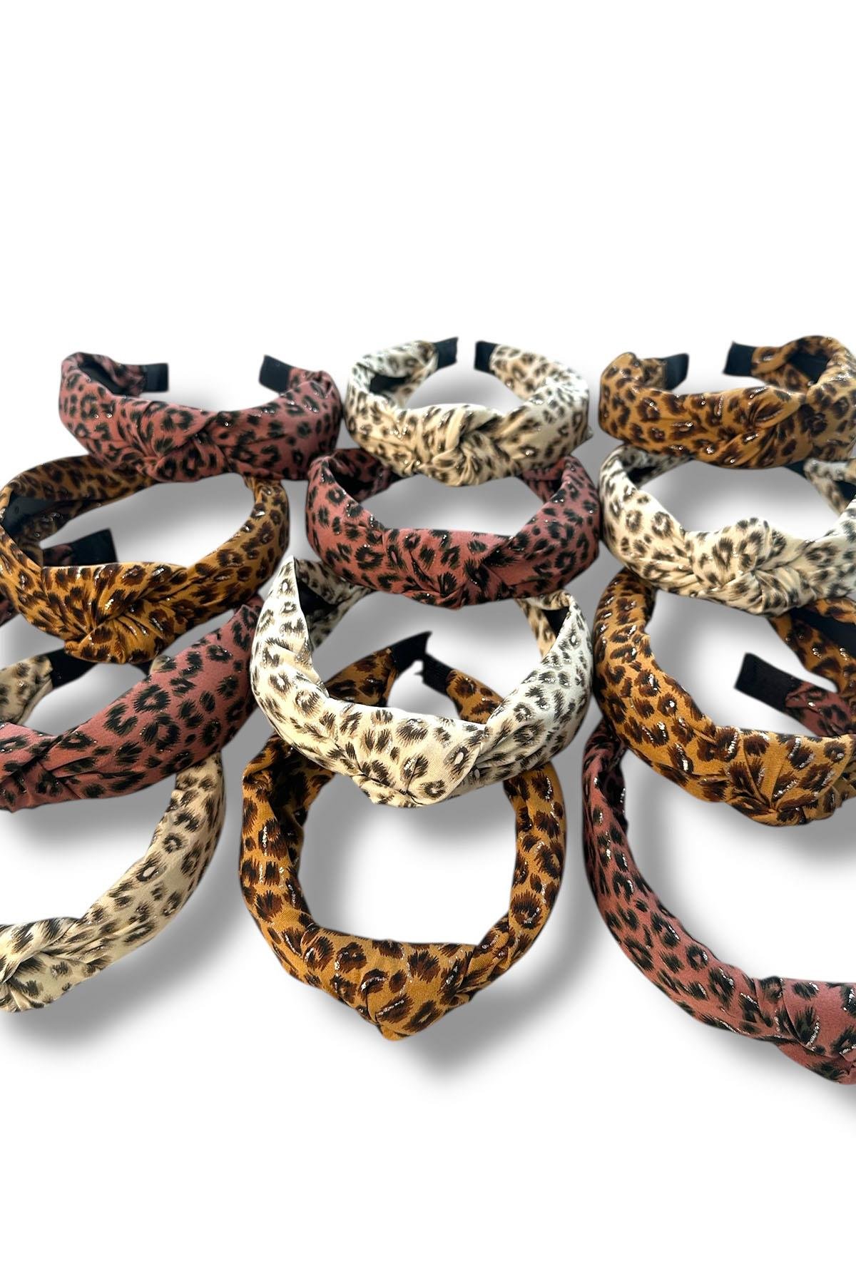 12´li Karışık Renk Leopar Desenli Düğüm Detaylı  Taç Set