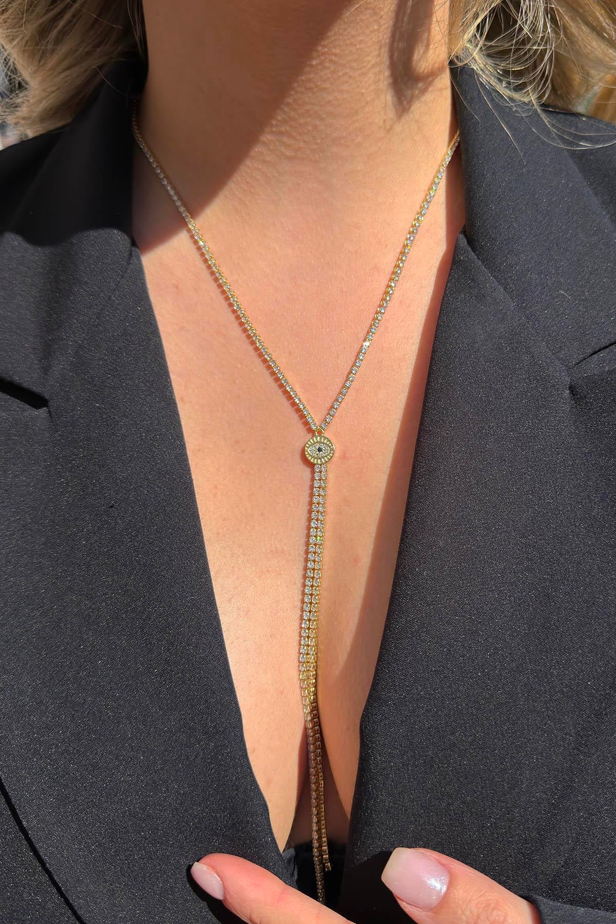 Altın Renk Göz Figürlü Taş Detaylı 14K Altın Kaplama Kolye