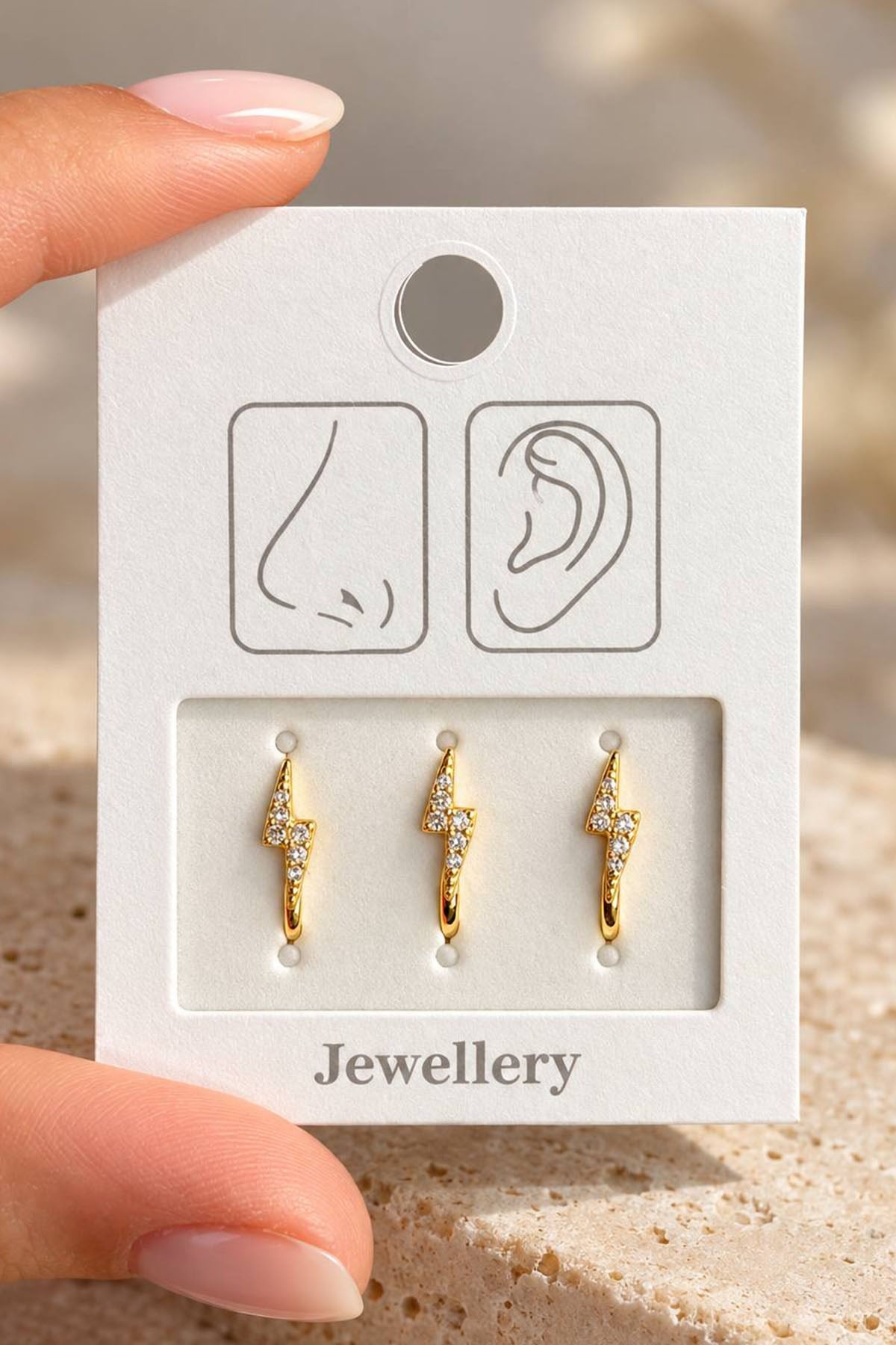 Altın Renk Taşlı Deliksiz Kulak/Burun 3'lü Piercing Set