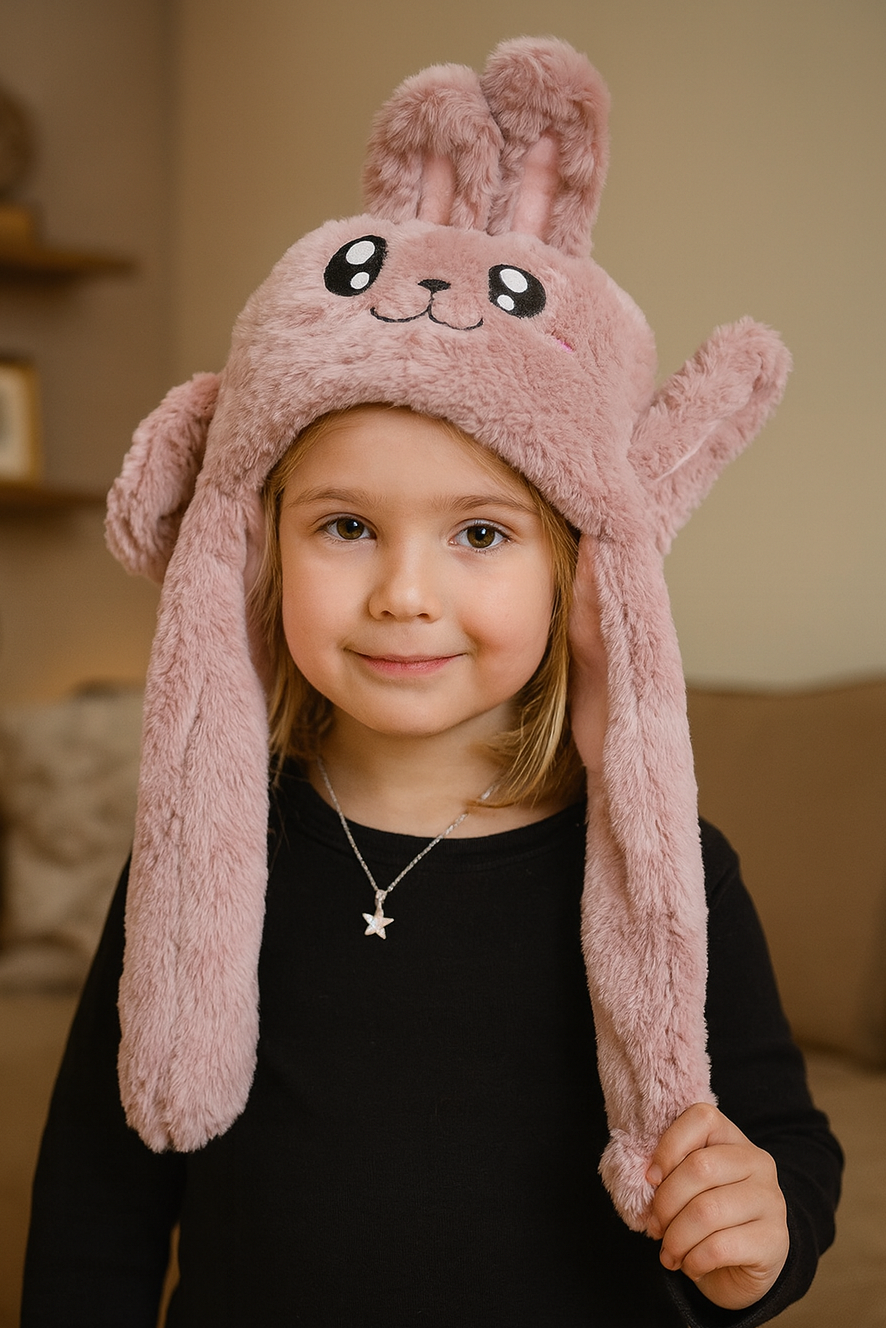 Pudra Renk Tavşan Figürlü Kulakları Oynayan Peluş Şapka