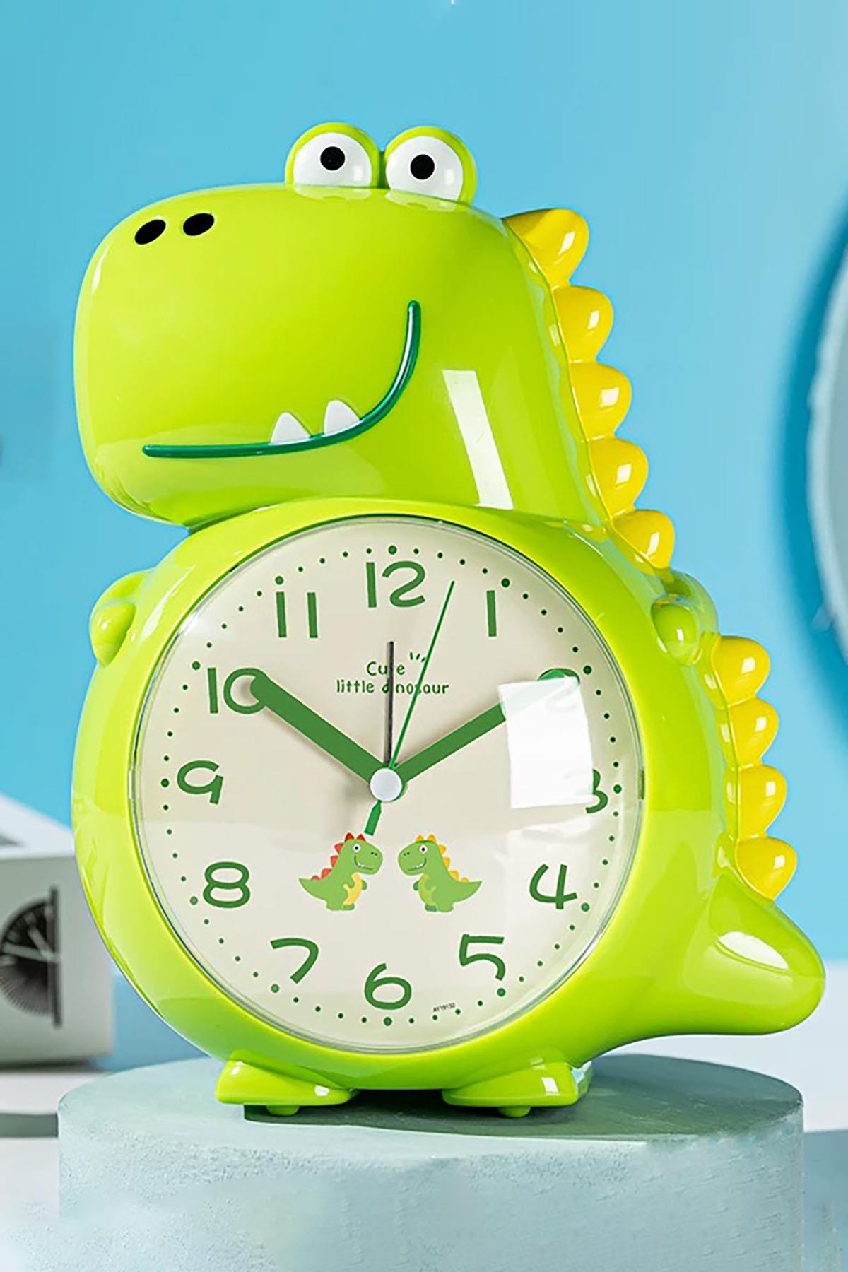 Yeşil Renk Dinazor Figürlü Dekoratif Alarmlı Masa Saati