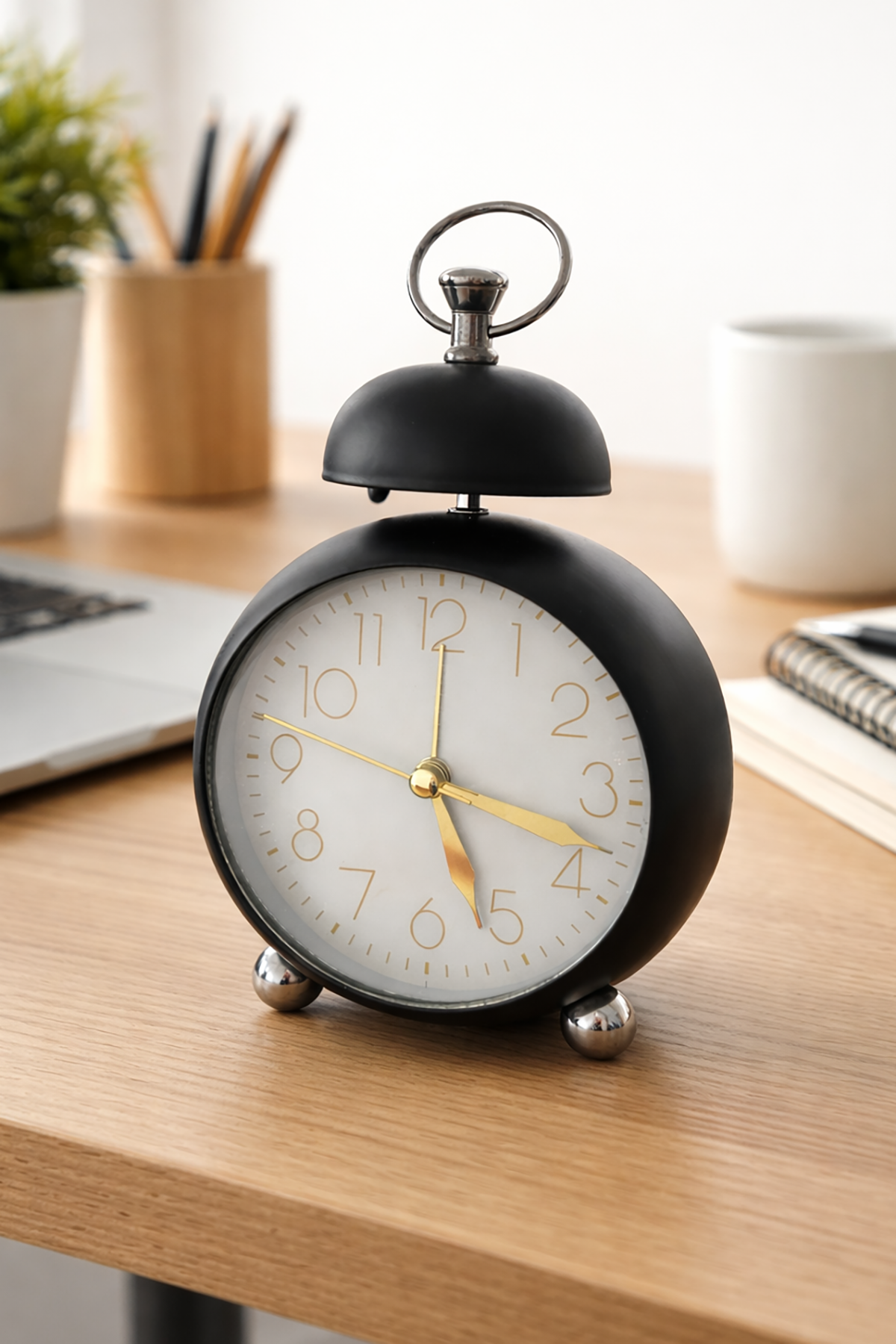 Siyah Renk Mini Dekoratif Işıklı Alarmlı Yuvarlak Masa Saati