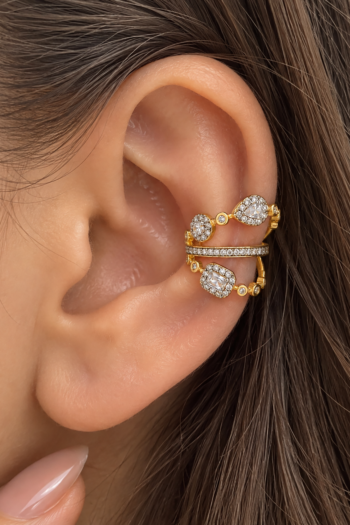 Altın Ve Gümüş Renk Taş Detaylı TX Ear Cuff (Tek)