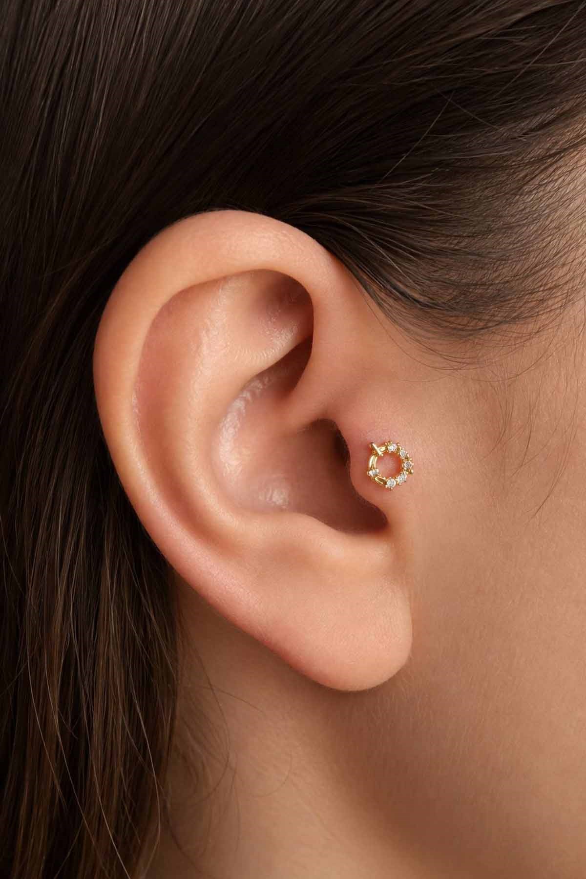 Altın Renk Taşlı Cerrahi Çelik Tragus/Kıkırdak Küpe/Piercing (Tek)