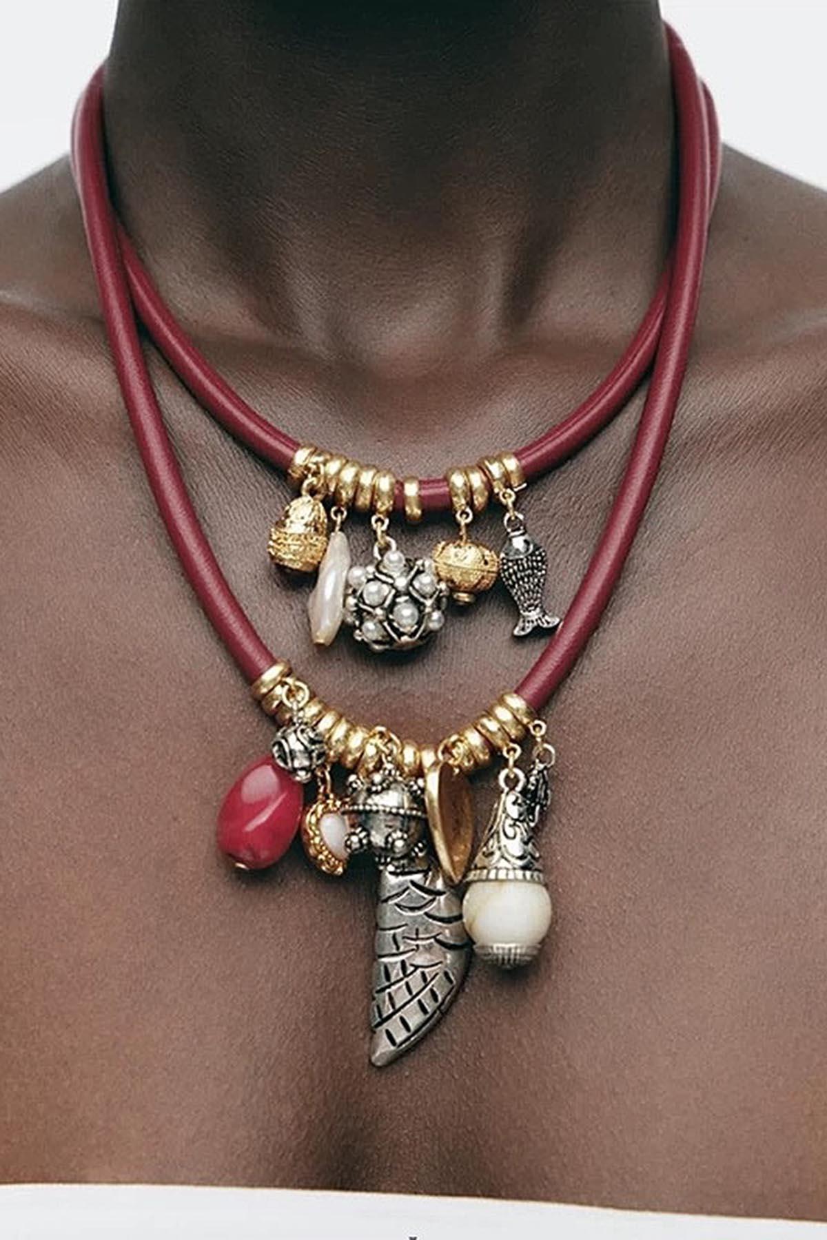 Bordo Renk İkili Tasarım Kolye