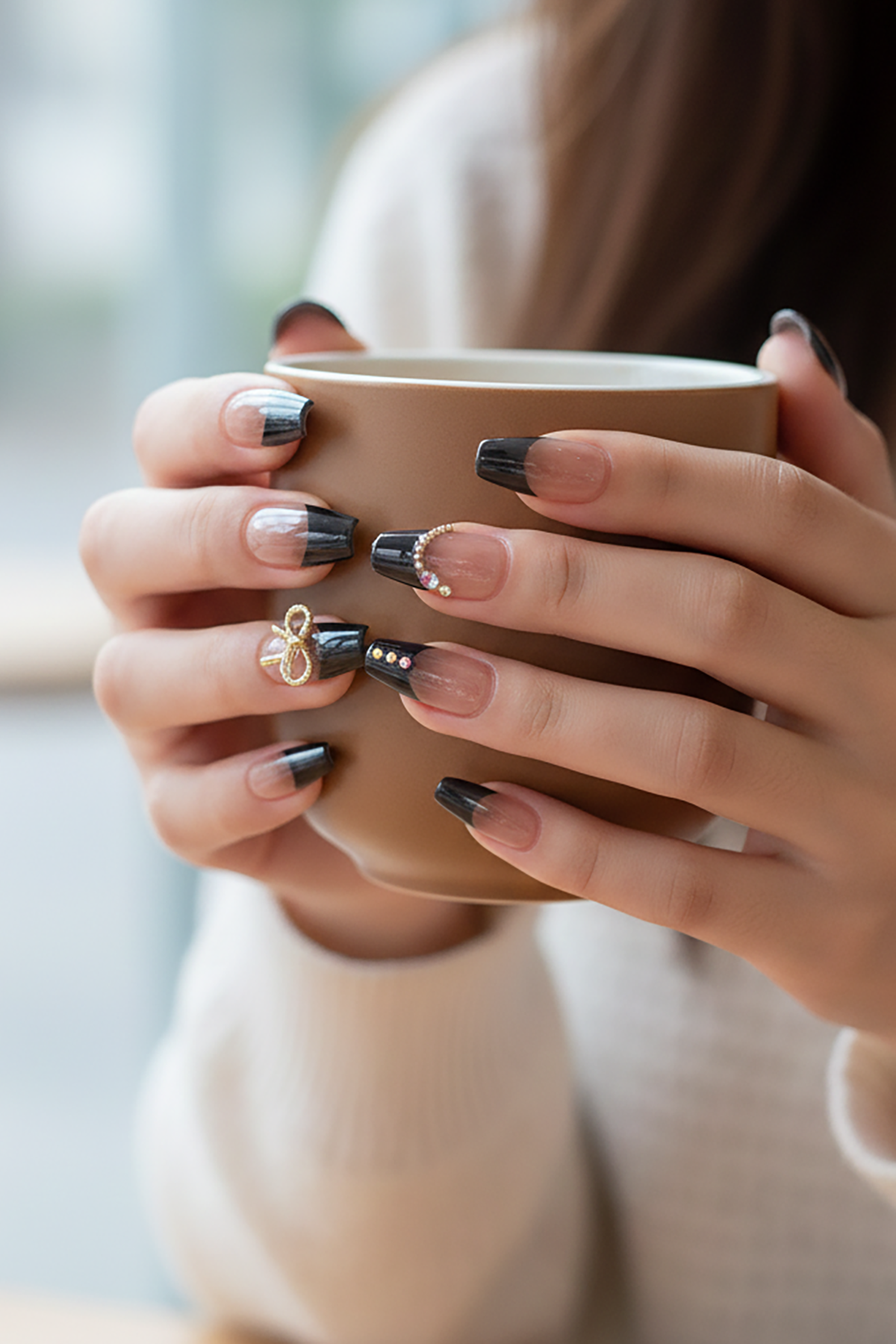 12'li Pudra Ve Siyah Renk Jel Görünümlü Takma Tırnak (Yapıştırıcılı)