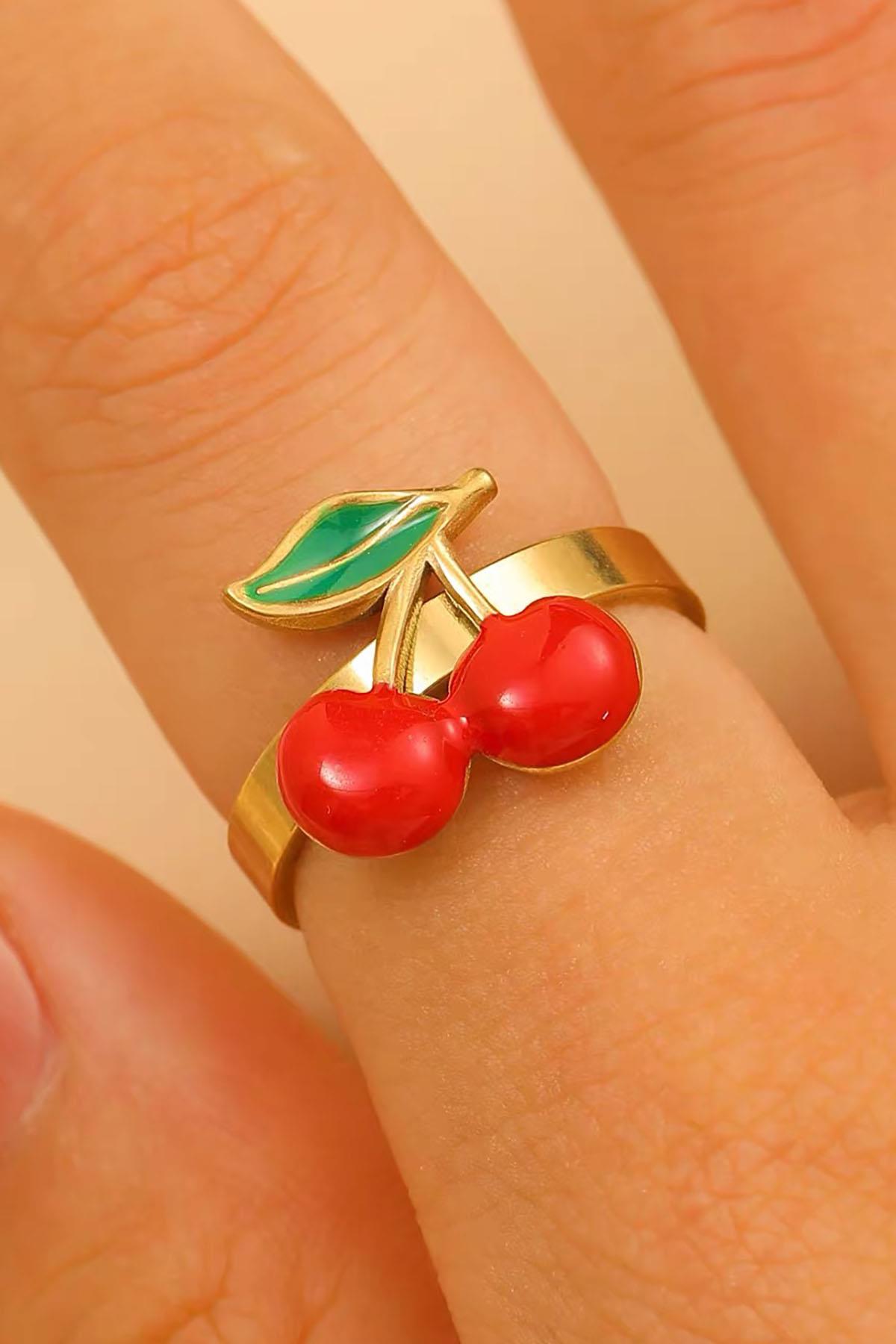 Altın Renk Kiraz Figürlü Ayarlanabilir Çelik Yüzük