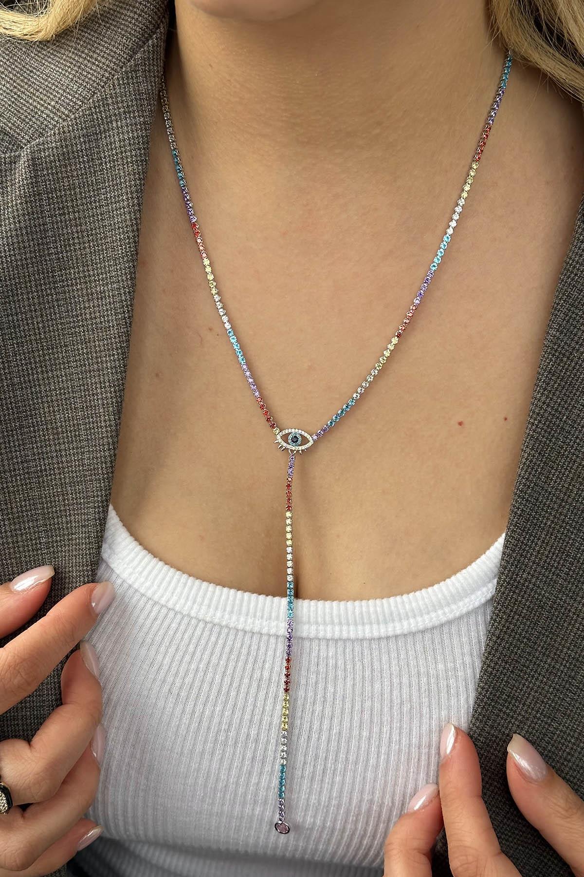 Gümüş Renk Göz Figürlü 14K Altın Kaplama VİP Y Kolye