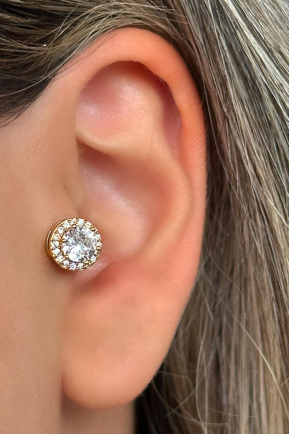Altın Renk Taş Detaylı Çelik Tragus/Kıkırdak Küpe/Piercing (Tek)