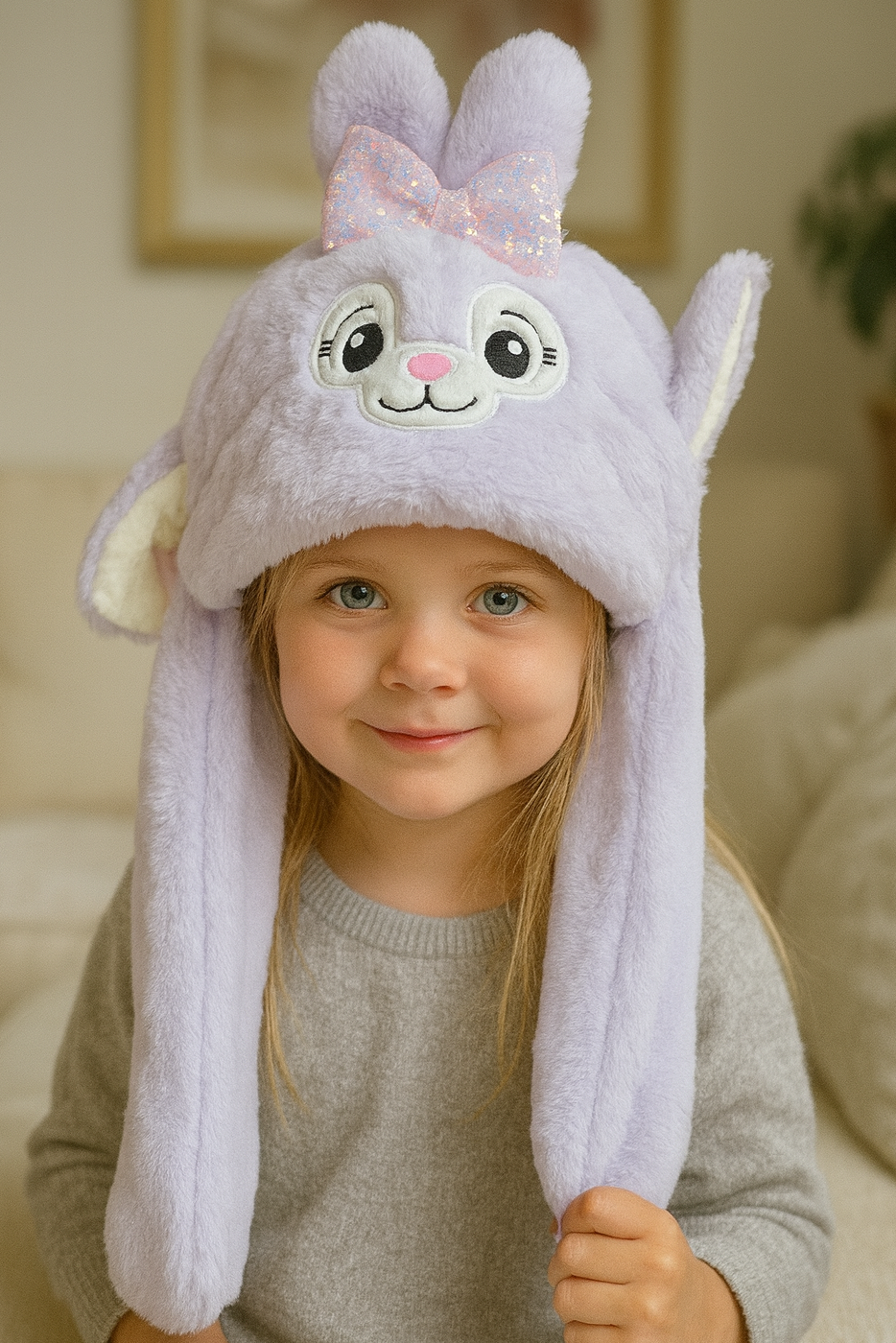 Lila Renk Tavşan Figürlü Kulakları Oynayan Peluş Şapka