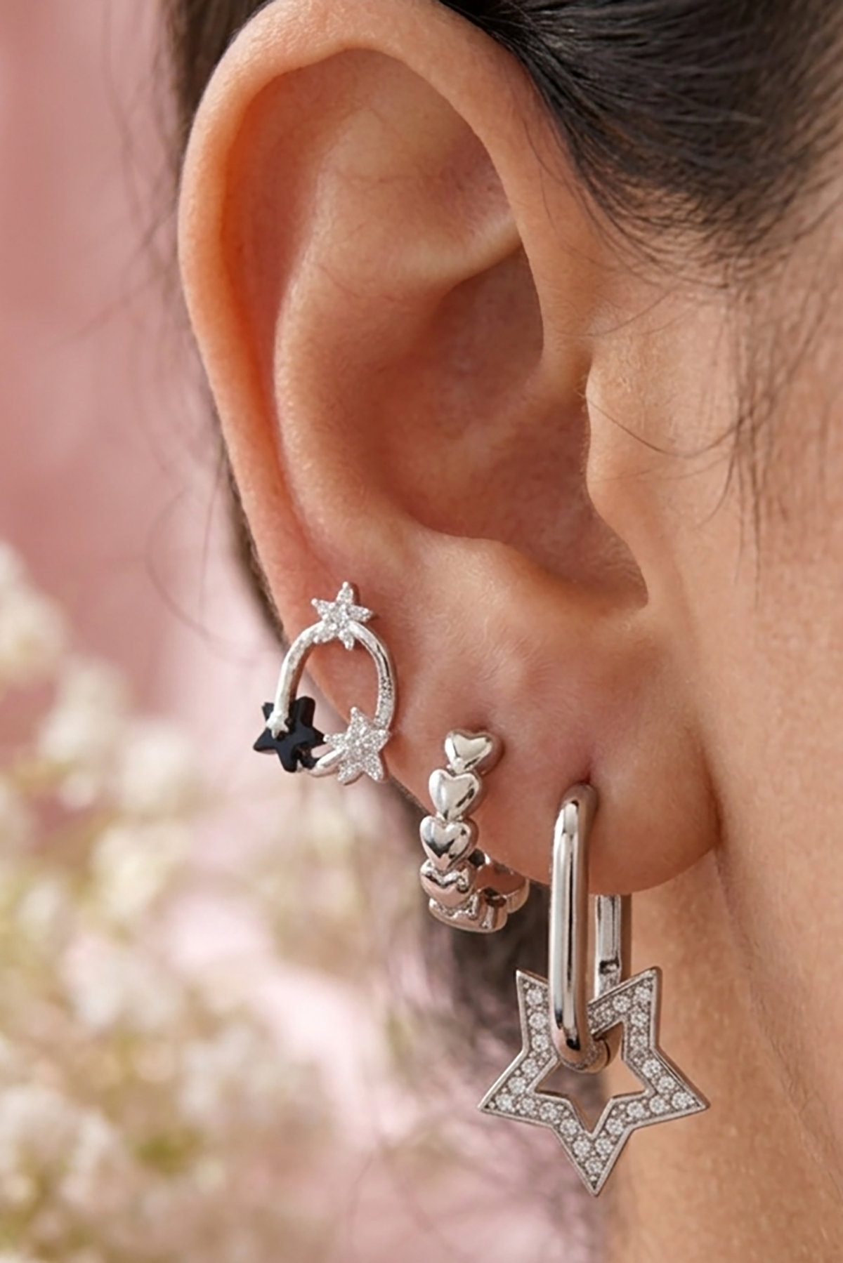 Gümüş Renk Yıldız Figürlü 3'lü YSX Küpe Set