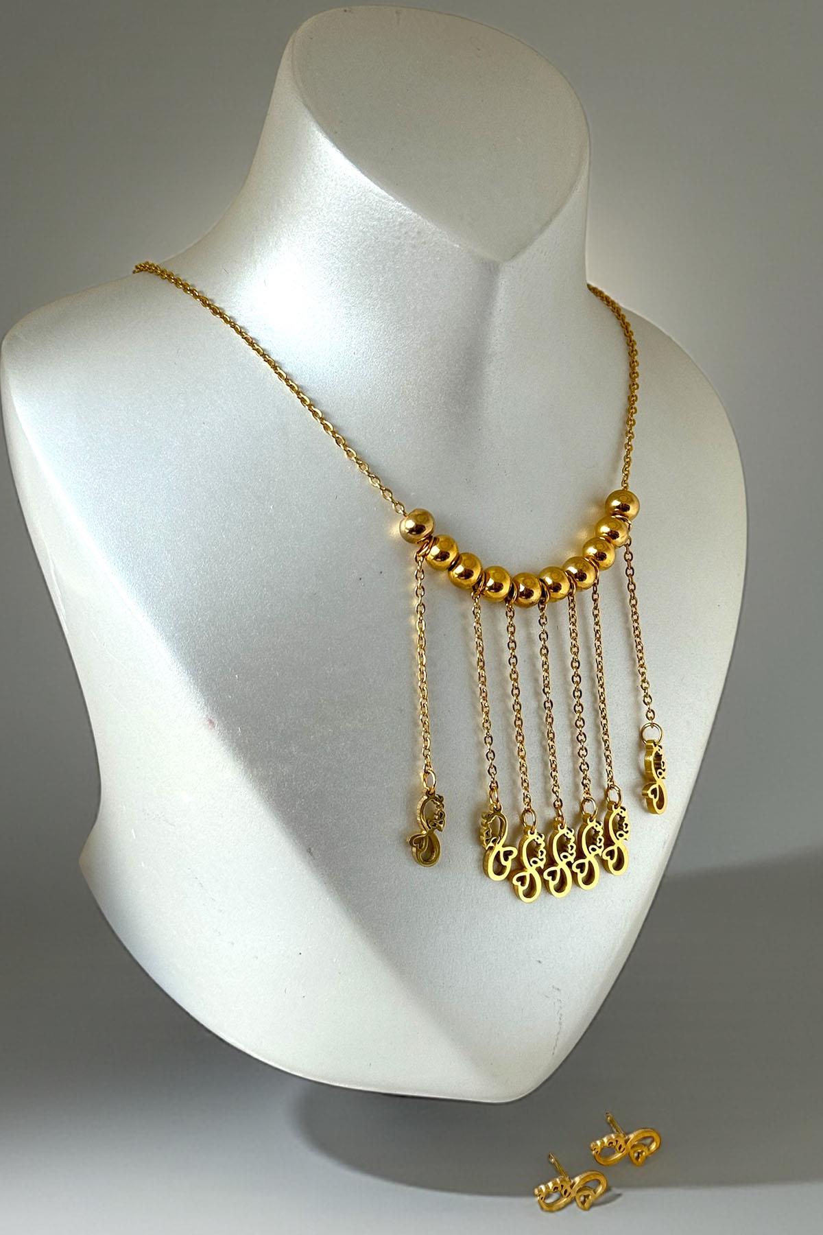 Altın Renk Karışık Figürlü Çelik Küpe Kolye Set