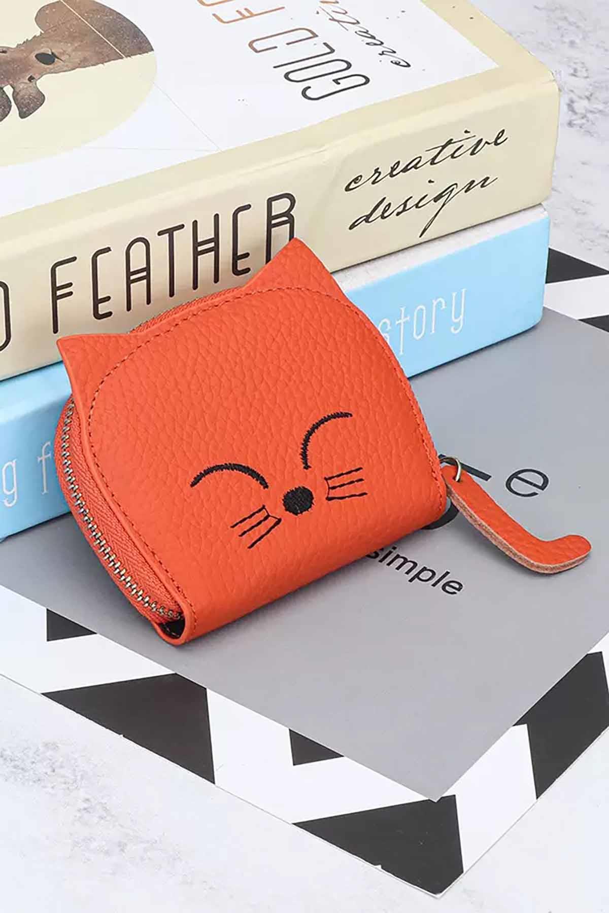 Kahve Renk Kedi Figürlü Cüzdan/Kartlık